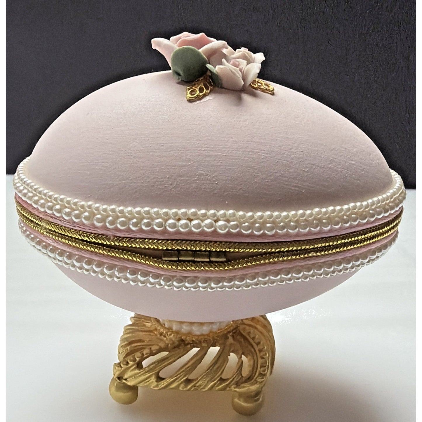 Egg Fantasy Hand Decorated Goose Egg Pink Trinket Jewelry Box Porcelain Flowers