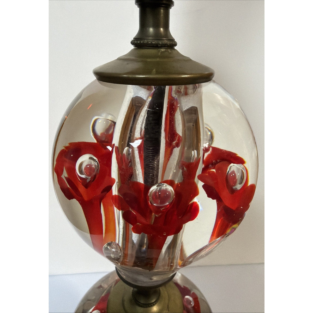 Vtg Clair Joe Rice Art Glass Red Trumpet Flower Lamp Paperweight Ornate L&L WMC