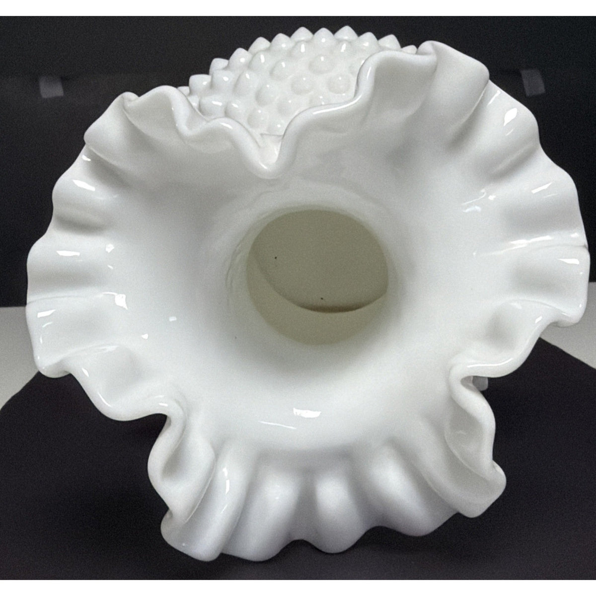 Vintage Fenton Milk Glass Vase Hobnail Ruffled Crimped Rim