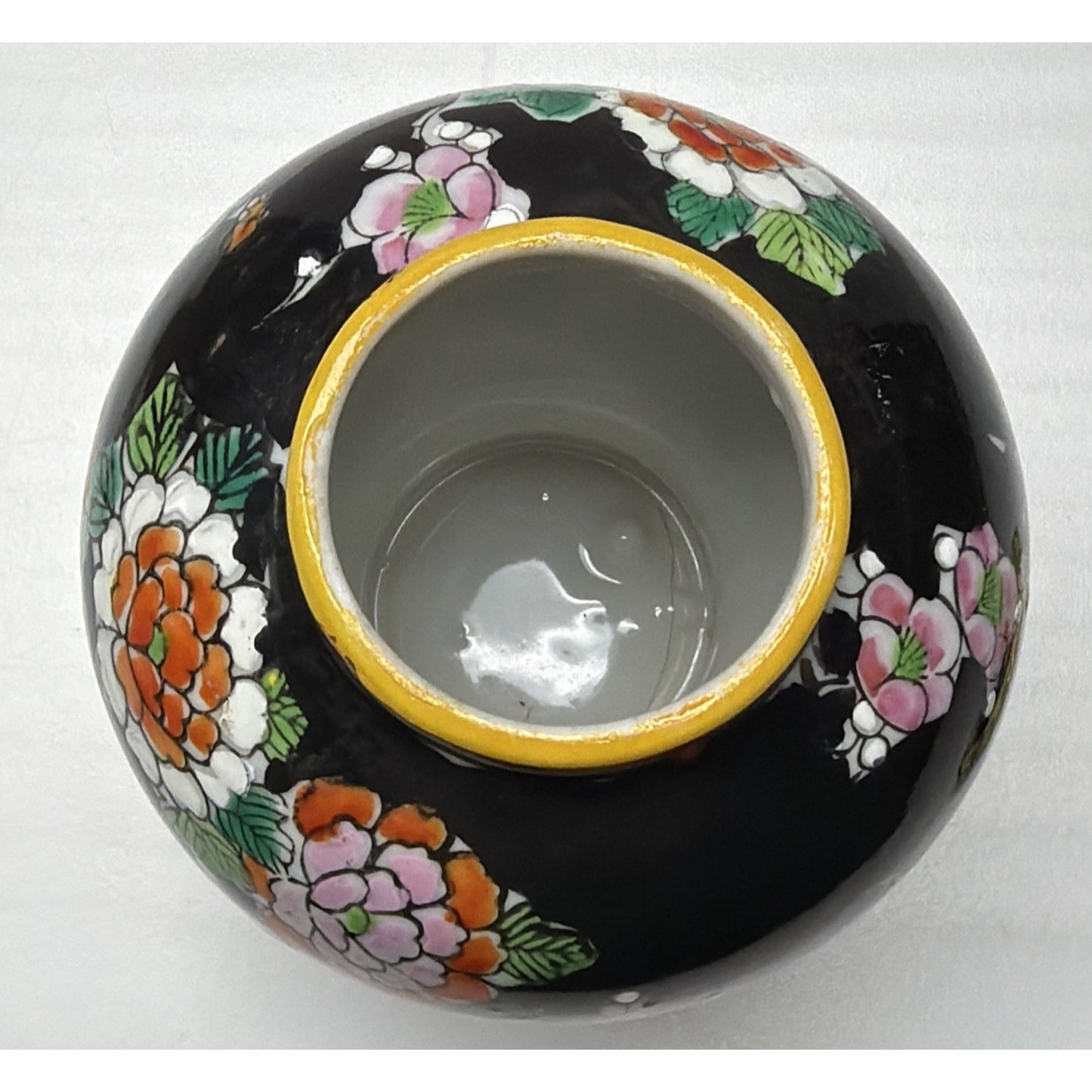 Vintage Japanese Hand Painted Black Porcelain Phoenix Ginger Jar Urn Lid Floral