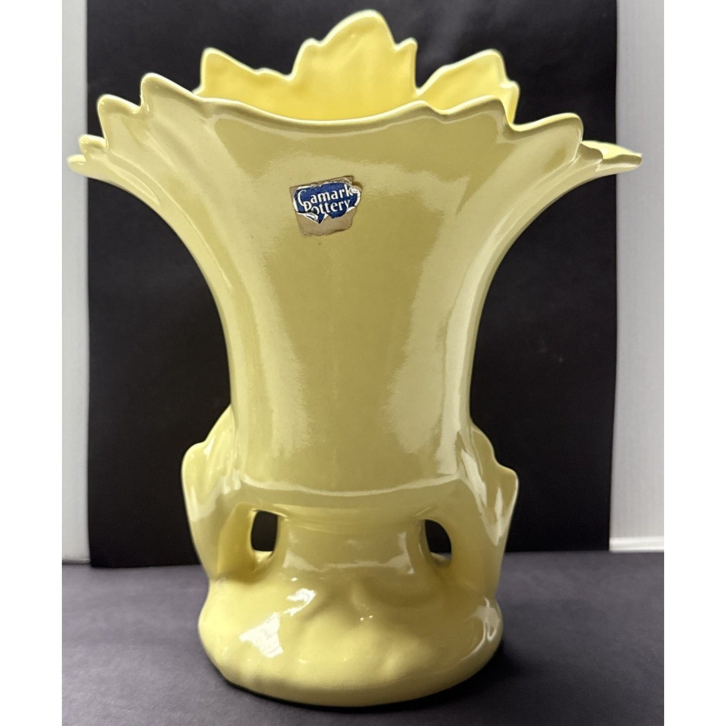 Vintage Camark Art Pottery Vase Planter Handles Leaf Shaped Yellow #807 As-Is