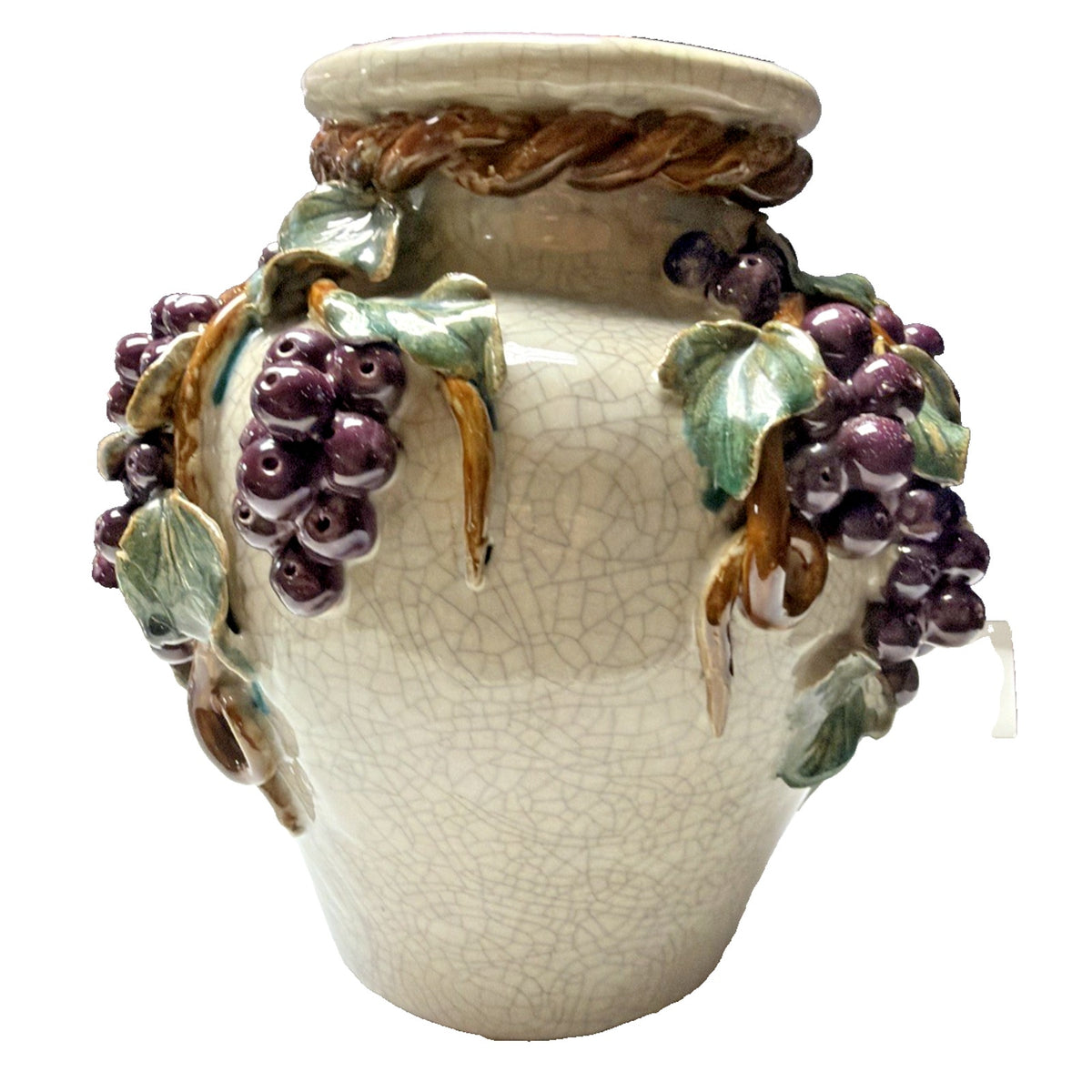 Old Majolica Pottery Chinese Crackle Glaze Rope Grapes Berries Leaves Vine As Is