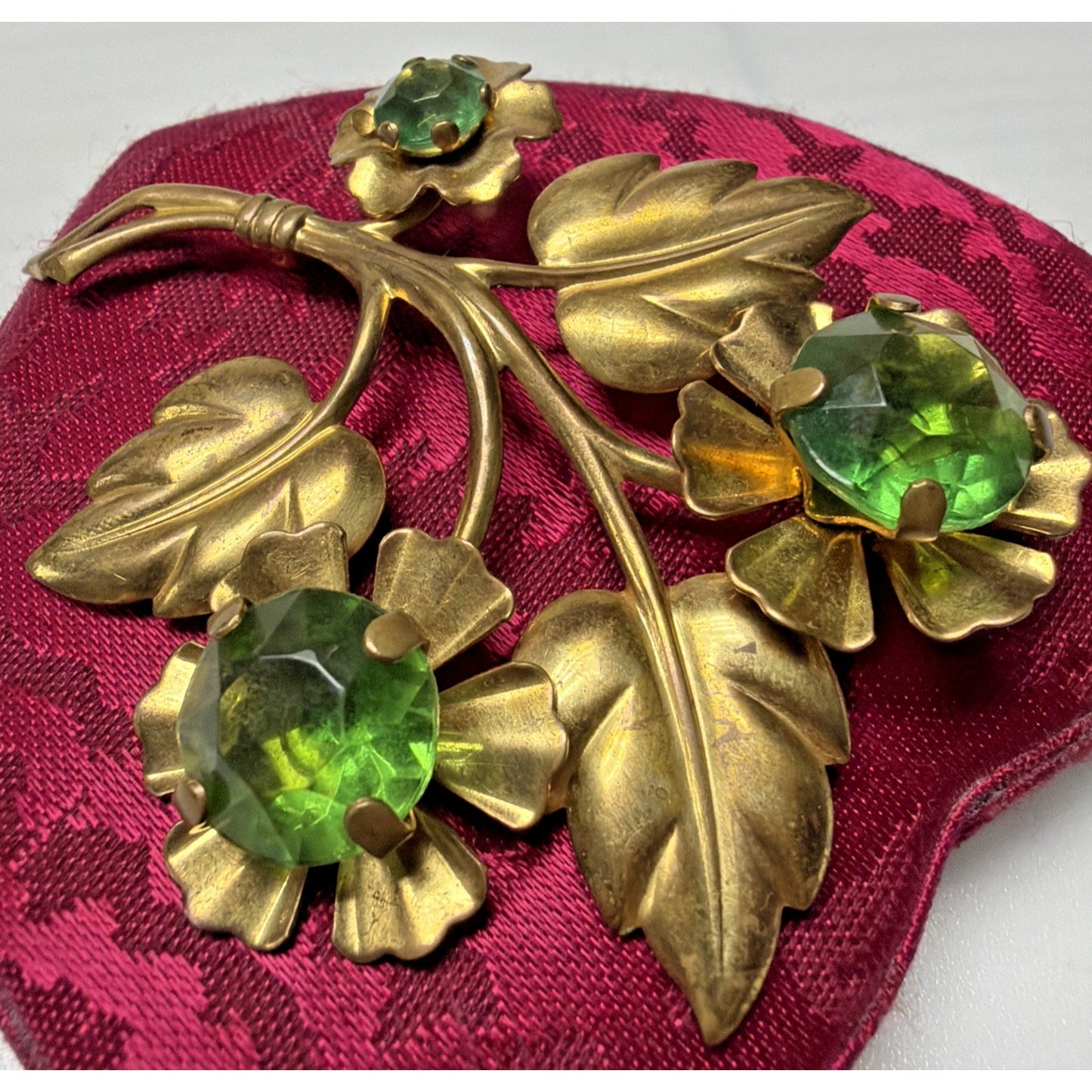 Vintage Large Gold Tone Floral Sprig Spray Brooch Pin Green Rhinestones