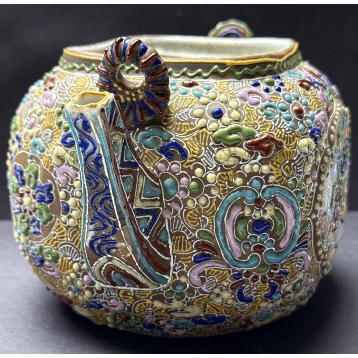 Antique Japanese Satsuma Teapot Beaded Moriage Ornate As-Is No Lid