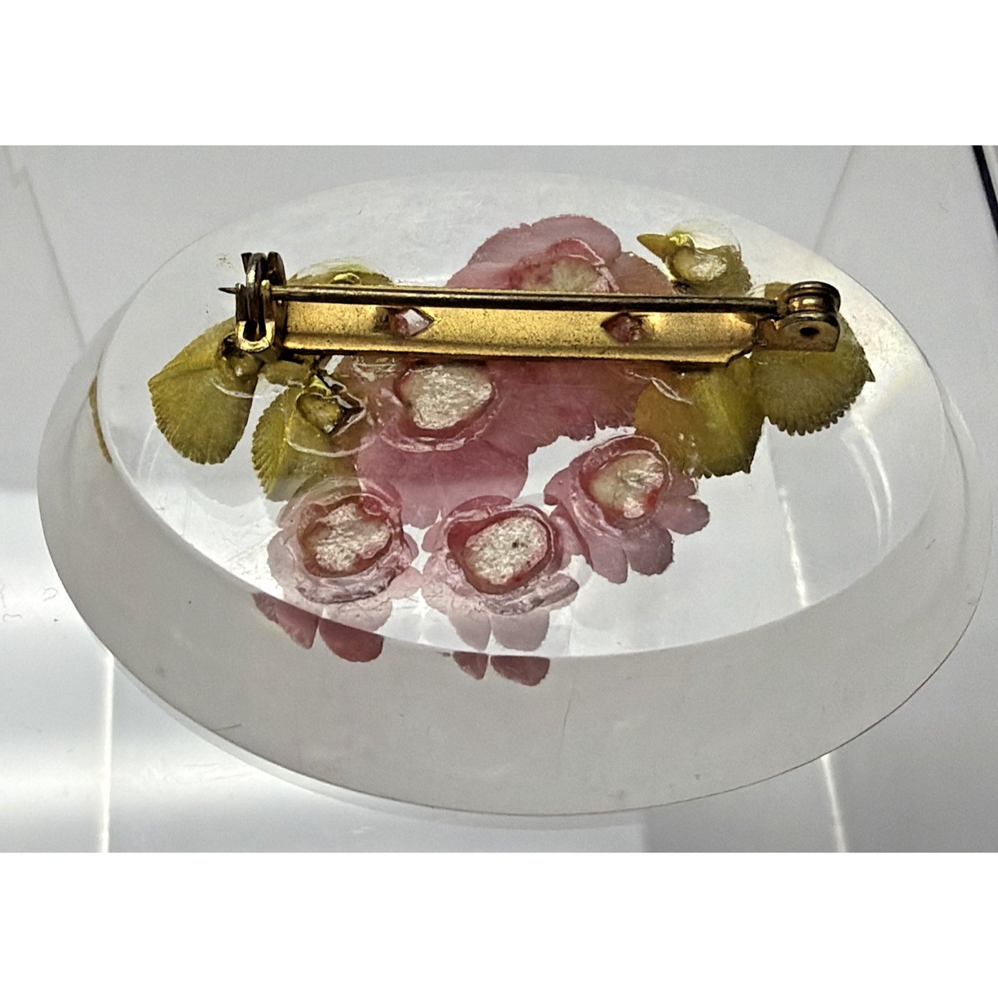 Vintage Clear Lucite Pin Brooch Rose Flower Bud Floral Pink Green Leaves