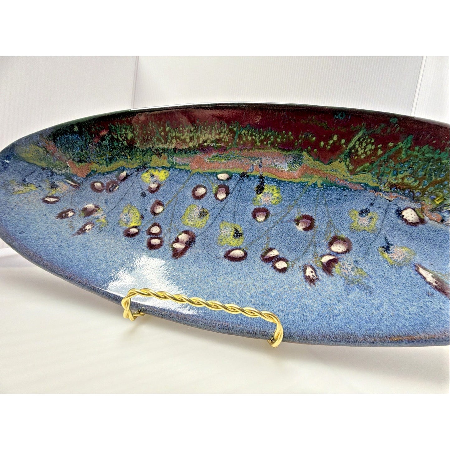 Phil Morgan Art Pottery Long Oval Platter Glazed Hand Painted Flowers Stems