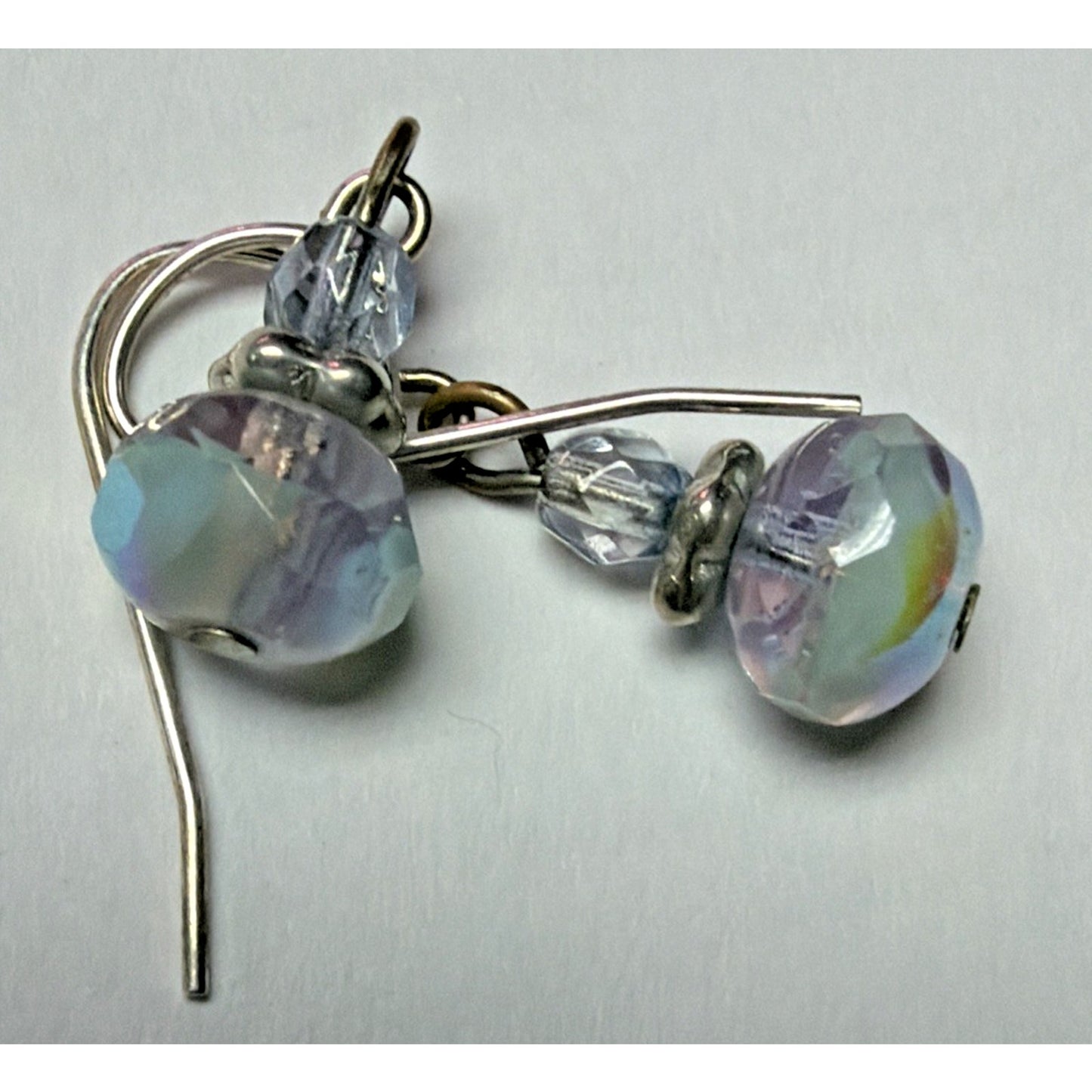 Vintage Sterling Silver Faceted AB Crystal Glass Uranium Dangle Earrings Mottled