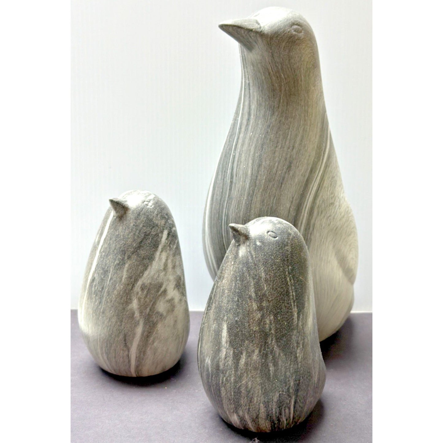 MCM Lot of 3 Ceramic Penguin Bird Figurines Marble Slate Glazed Black White Gray