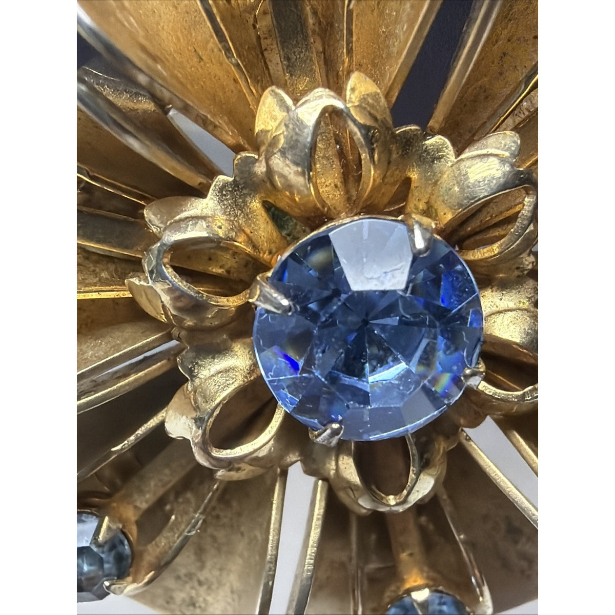 Vintage Gold Tone Blue Rhinestone Flower Blossom Brooch Ornate