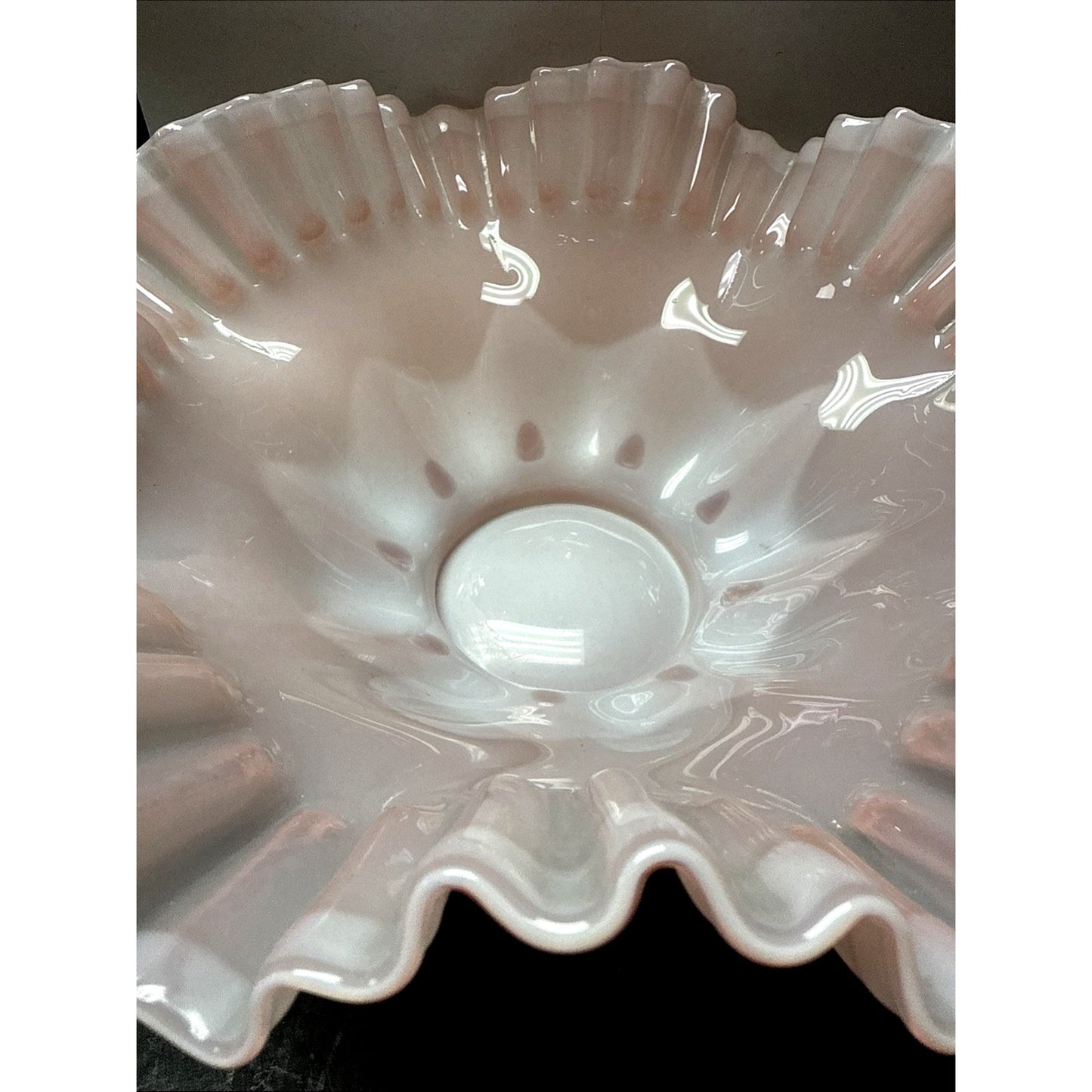Vintage Fenton Glass Rose Overlay Pink Melon Bowl Crimped Wavy Edge