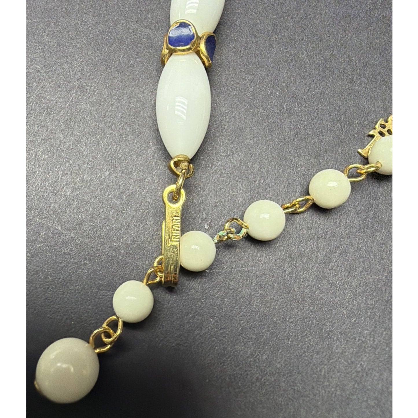 Vtg Crown Trifari White Lucite Blue Enamel Choker Necklace Earrings Set As Is