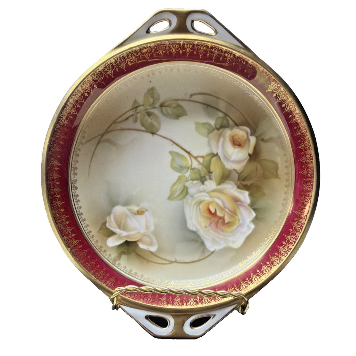 Antique RS Prussia Germany Hand Painted Rose Handle Bowl Platter Ornate Burgundy