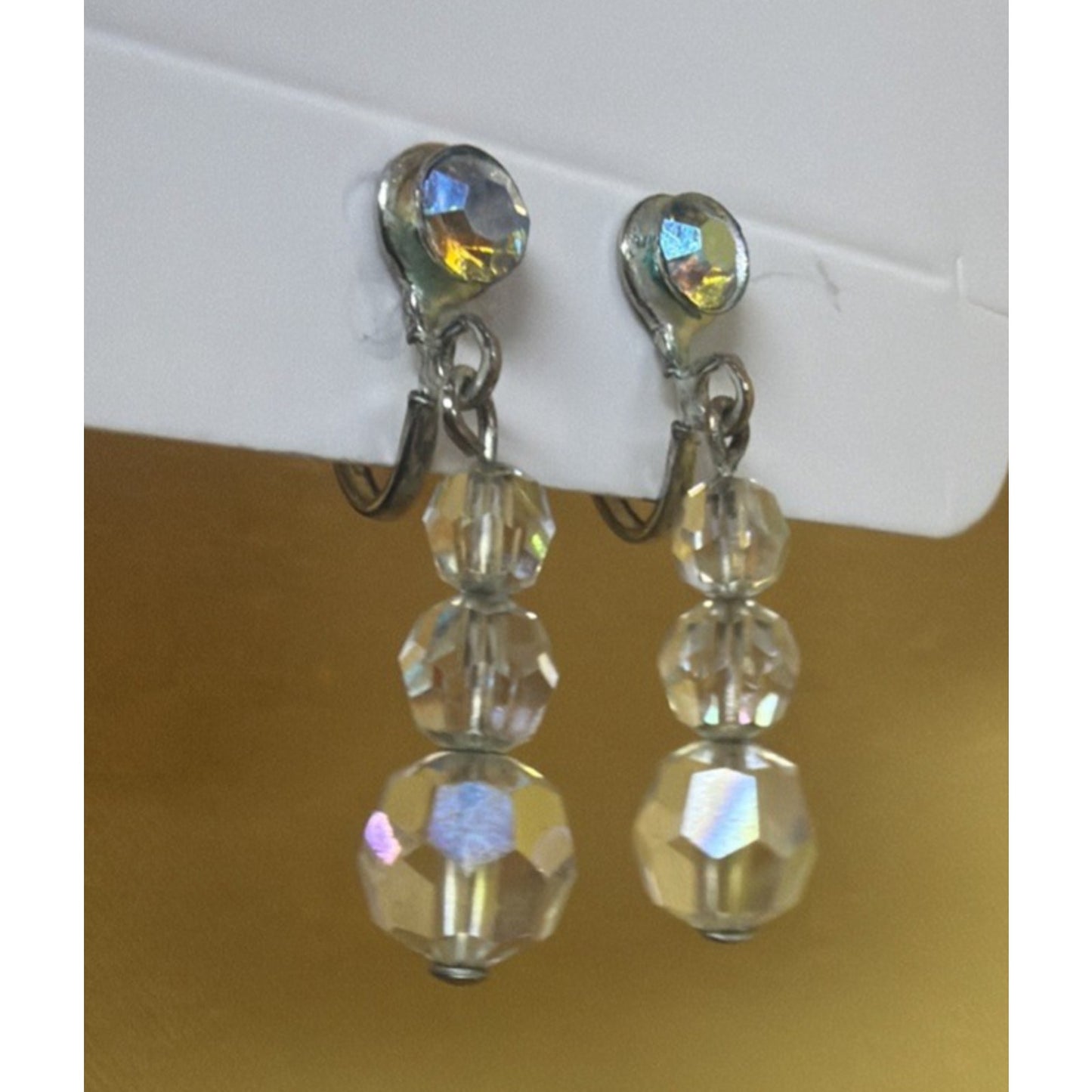 Vintage Clear Aurora Borealis AB Crystal Bead Dangle Screw Back Earrings
