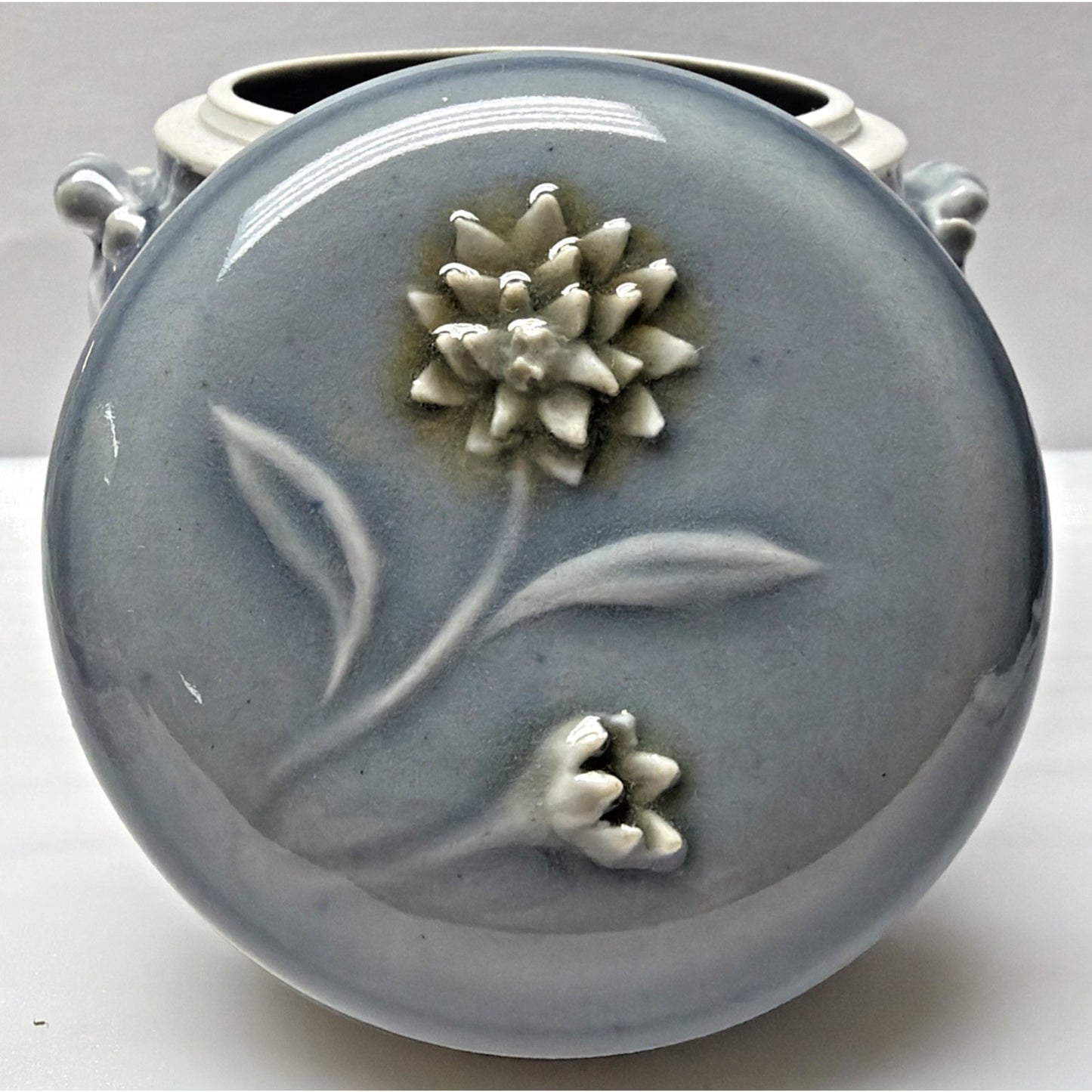 Vtg Celadon Tea Caddy Ginger Jar Embossed Chrysanthemum Blue Gray Handles Signed