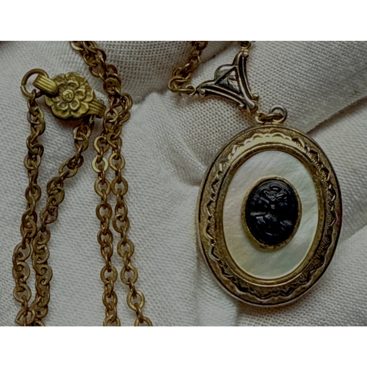 Vintage Black Celluloid Cameo Mother Of Pearl Locket Engraved Pendant Necklace