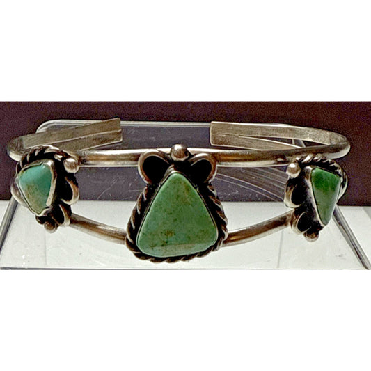 Vintage Native Sterling Silver Turquoise Cuff Bracelet Ornate 3 Stone As Is