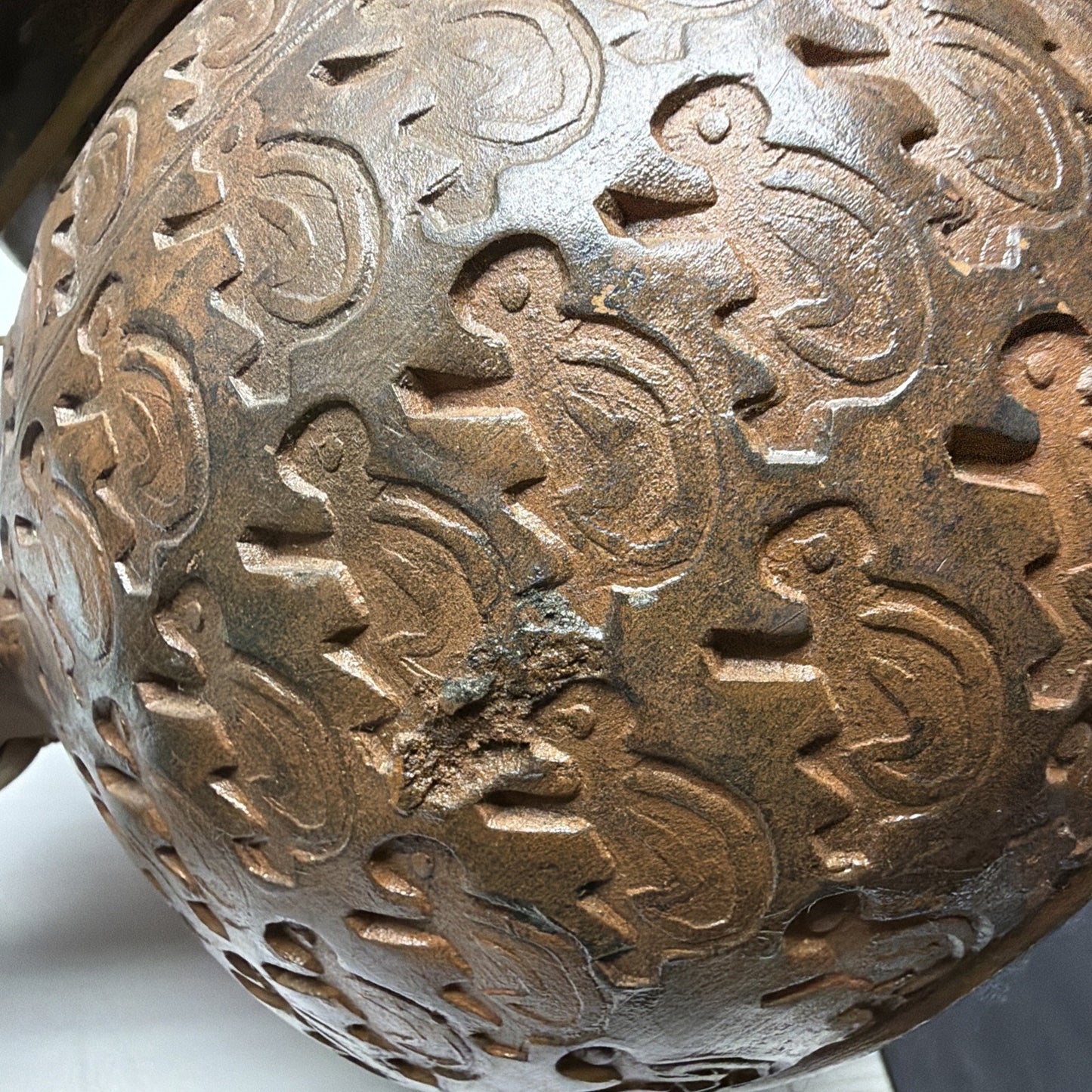 Chinese Asian Earthenware Pot Jar Vessel Bamboo Handle Impressed Symbols As Is