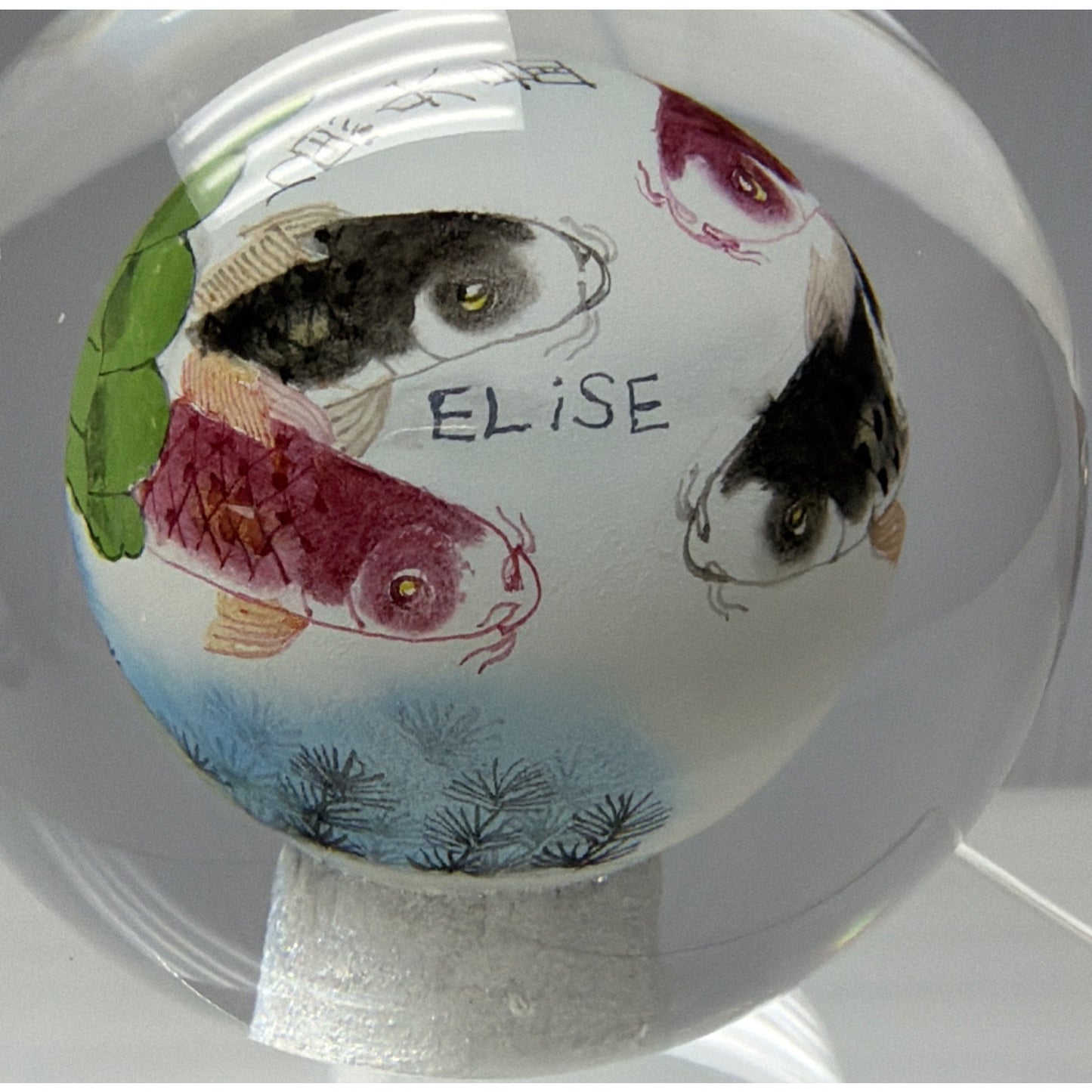 Vtg Asian Reverse Painted Glass Ball Paperweight Fish Lotus Tree Plenty of Fish