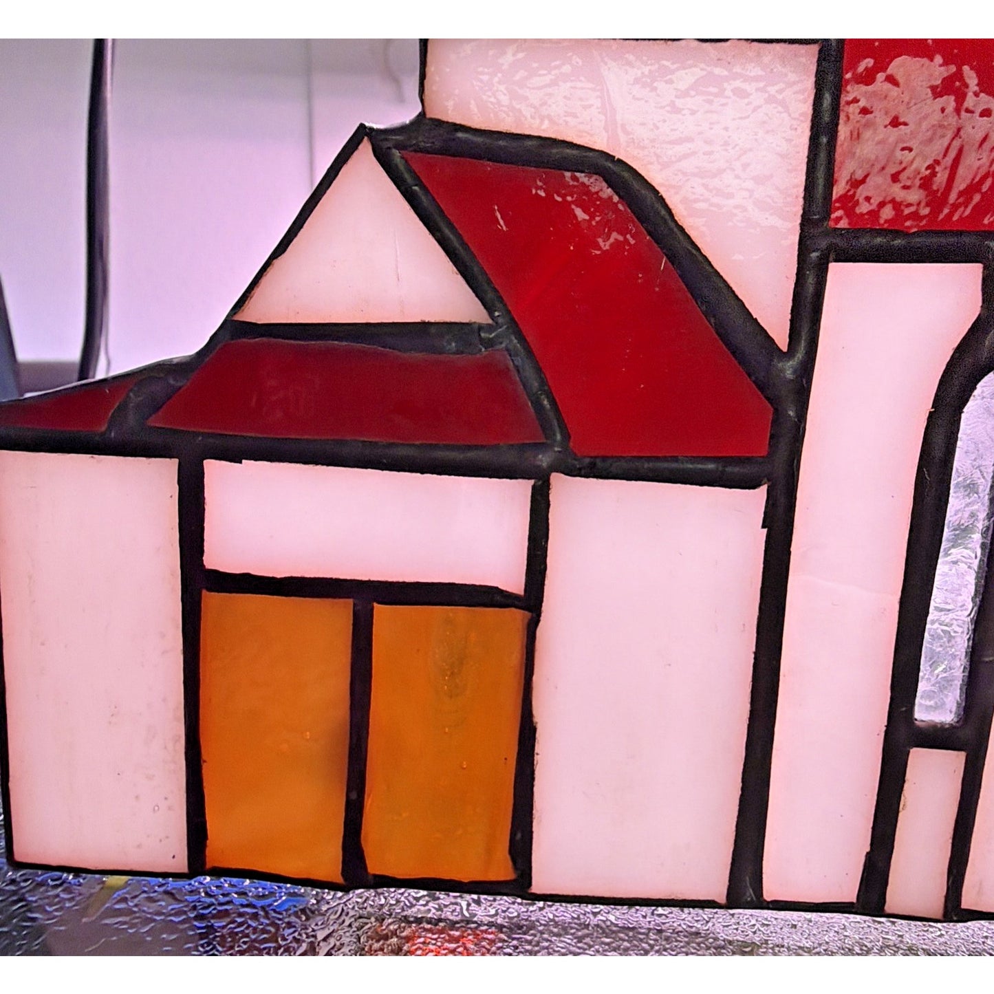 Vintage Stained Glass Church Suncatcher Red Slag Crackle Amber