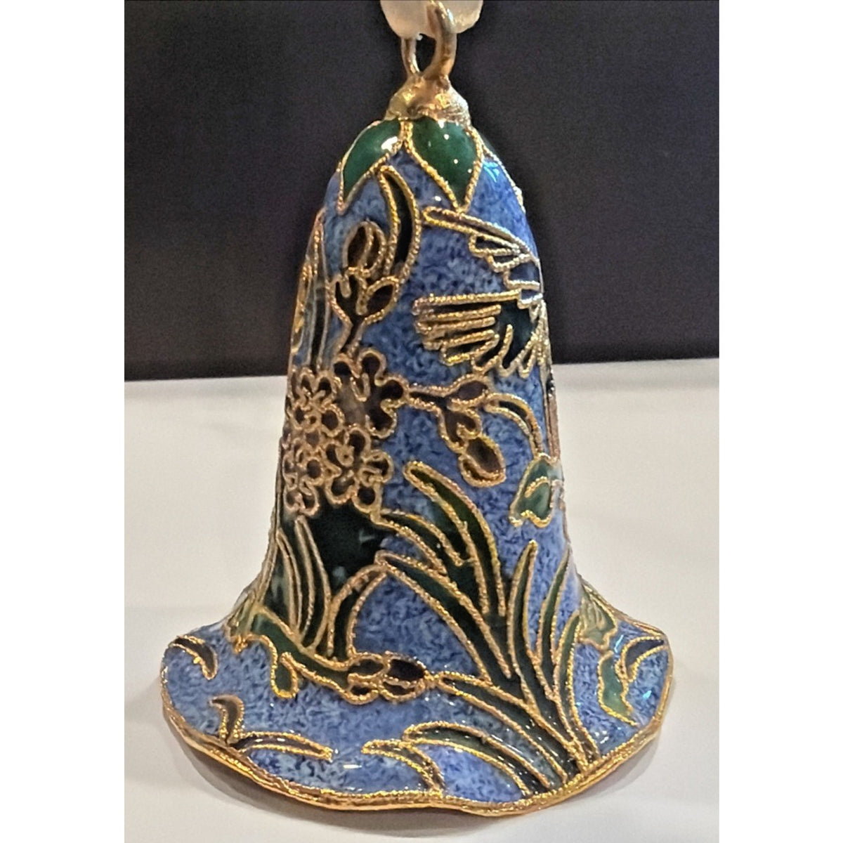 Vintage Enamel Cloisonné Bell Ornament Hummingbird Floral Blue Gold