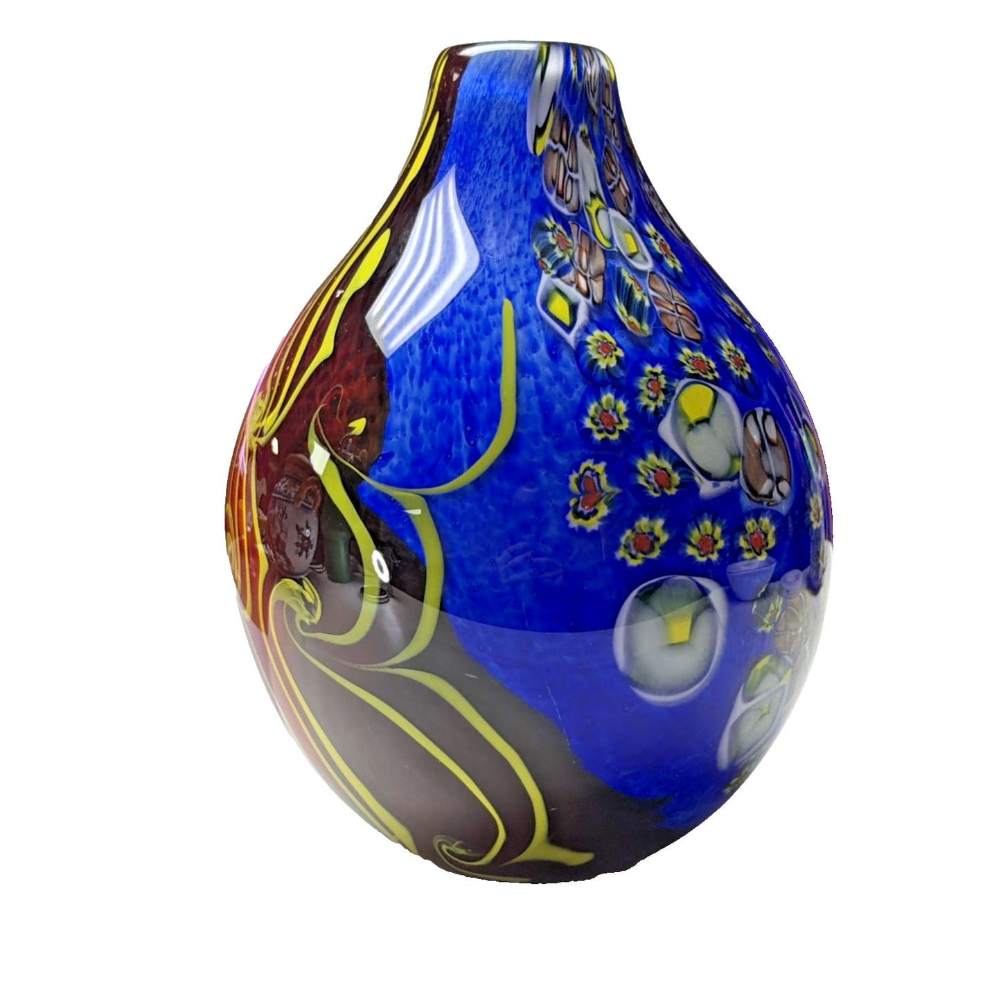 Abstract Cased Art Glass Vase Millefiori Murrine Vase Cobalt Red Yellow Heavy