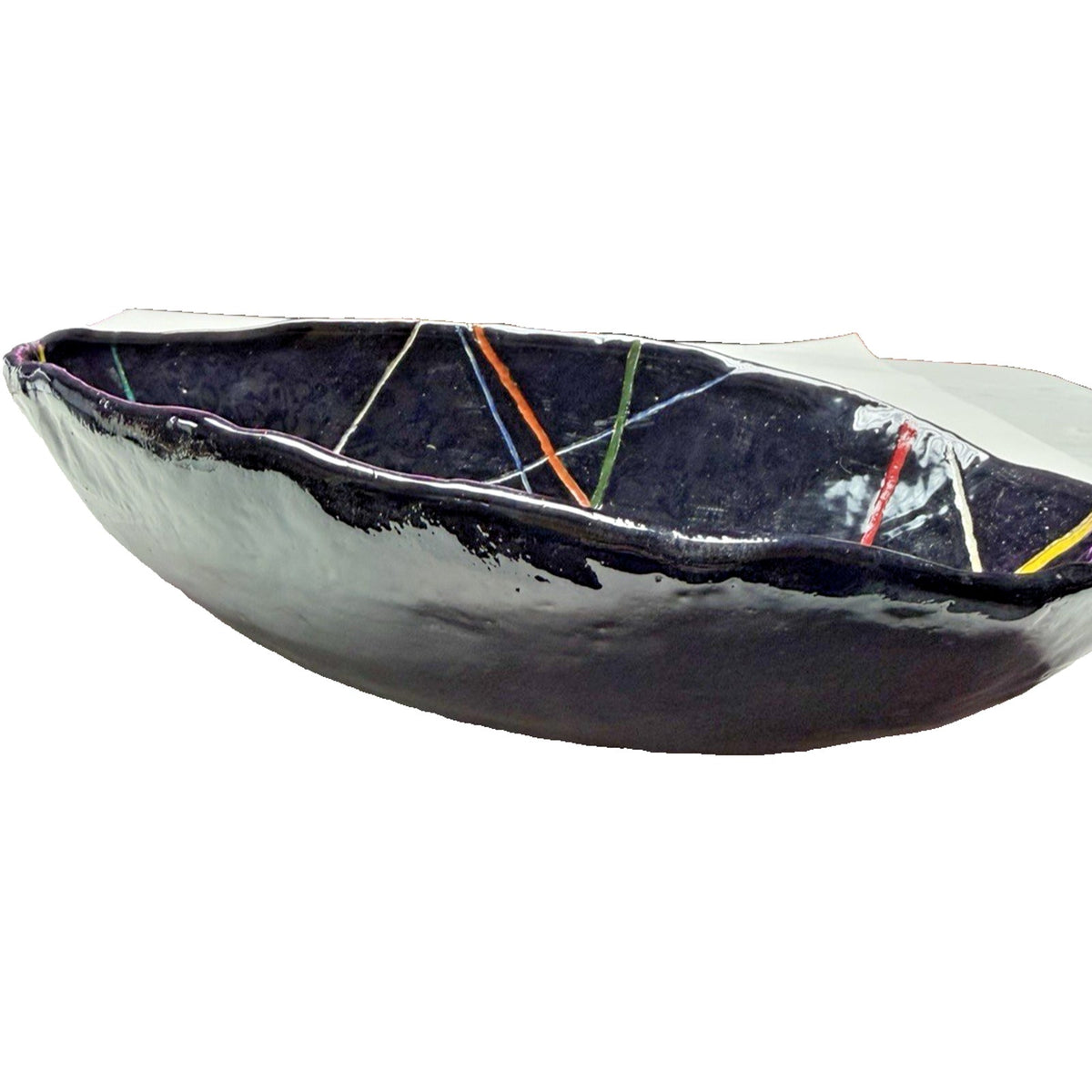 Studio Art Pottery Black Glazed Bowl Modernist Geometric Abstract Lines Read