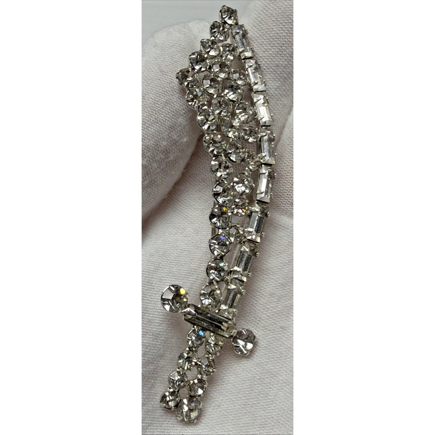 Vintage Sword Pin Brooch Dagger Crystal Rhinestones Baguette Silver