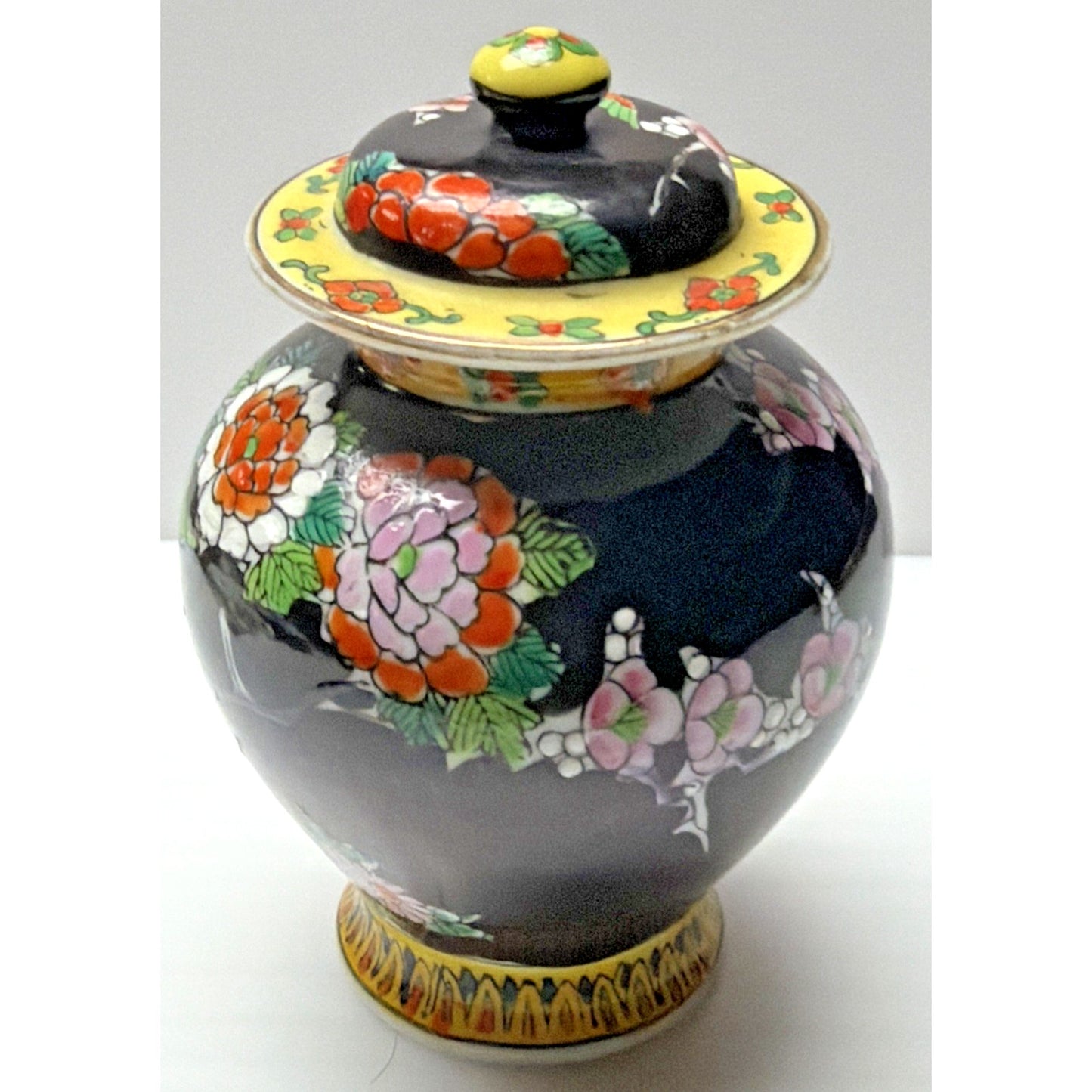 Vintage Japanese Hand Painted Black Porcelain Phoenix Ginger Jar Urn Lid Floral