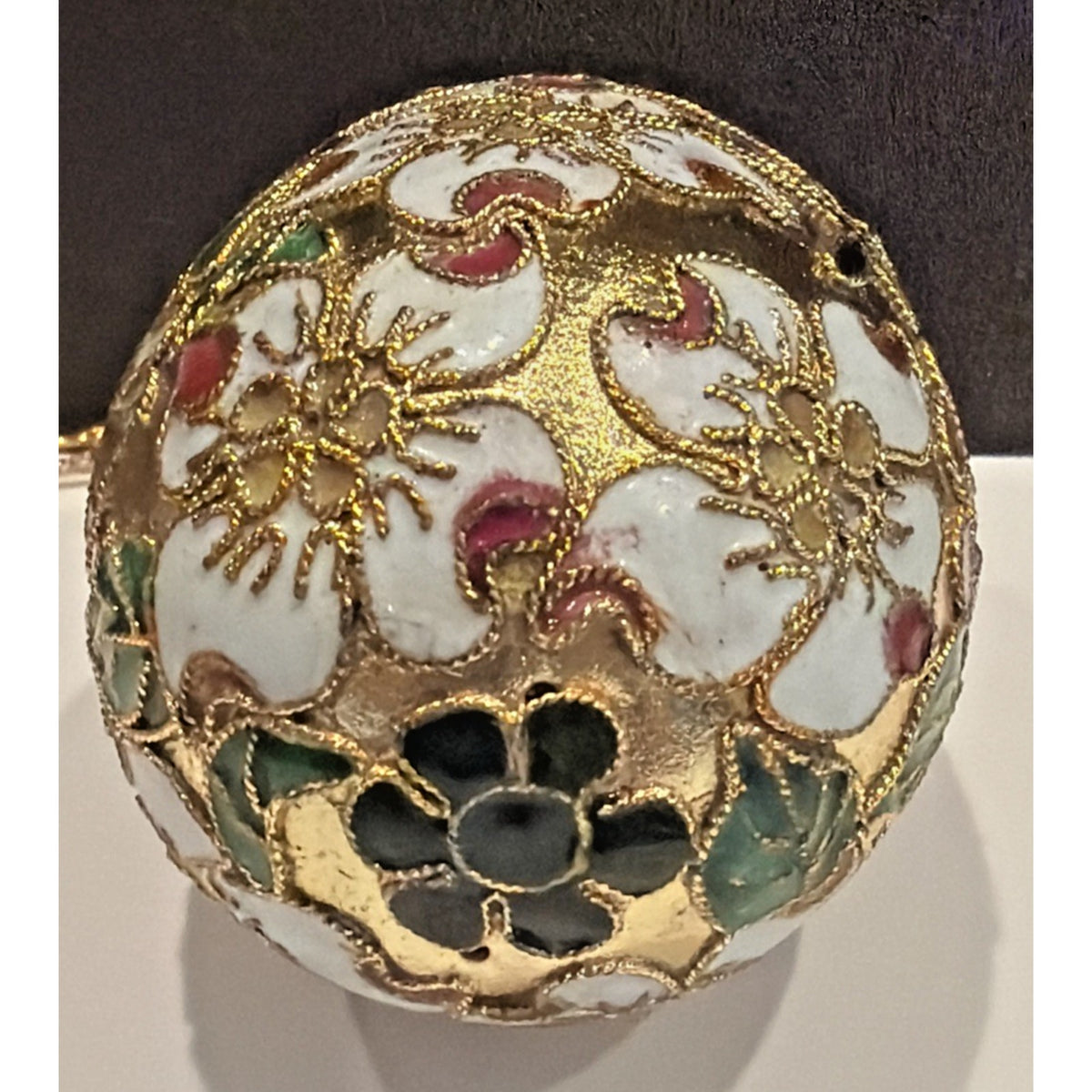 Vintage Enamel Cloisonné Egg Ornament Floral White Gold As Is