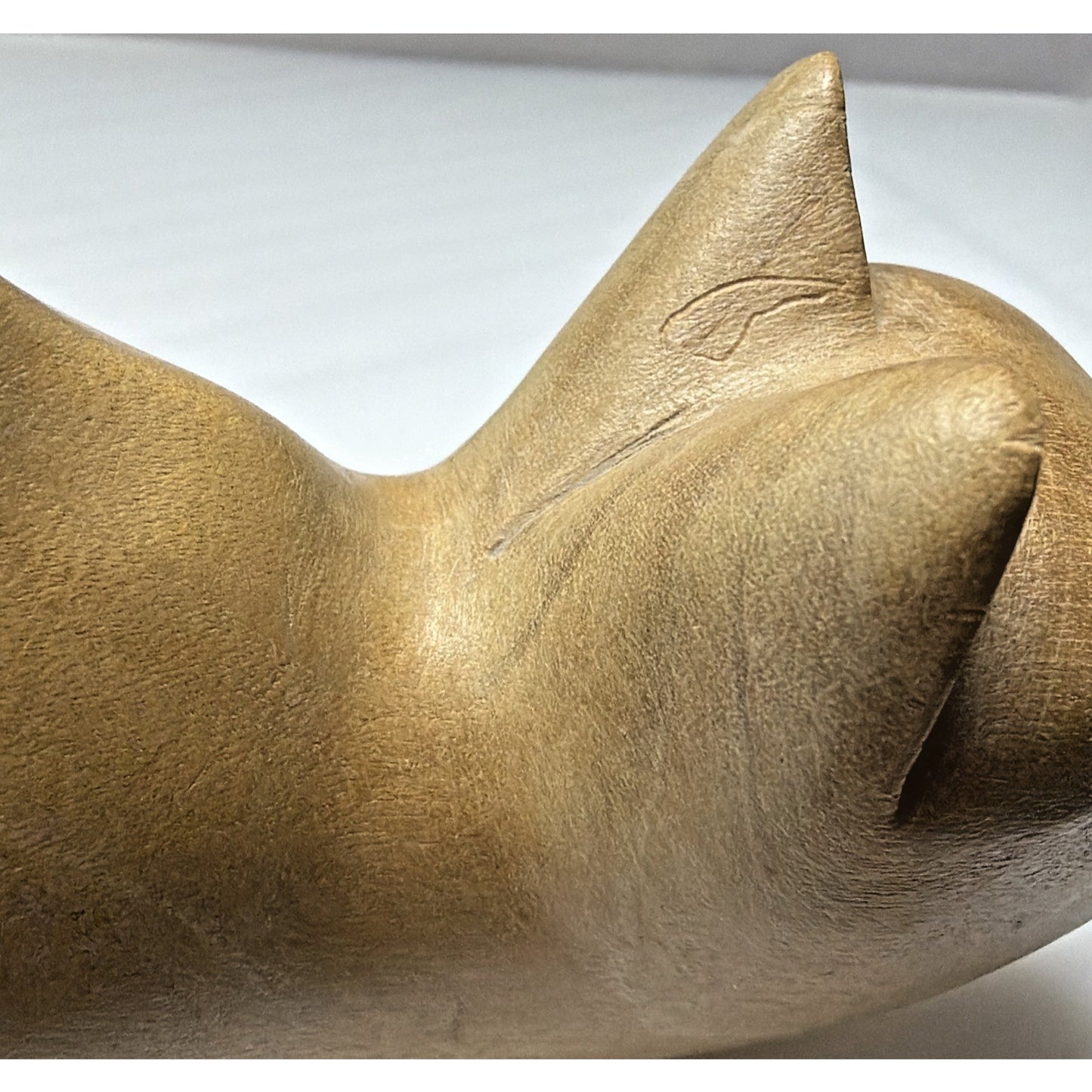 Folk Art Whimsey Hand Carved Solid Wood Cat Figurine Crouched Statue