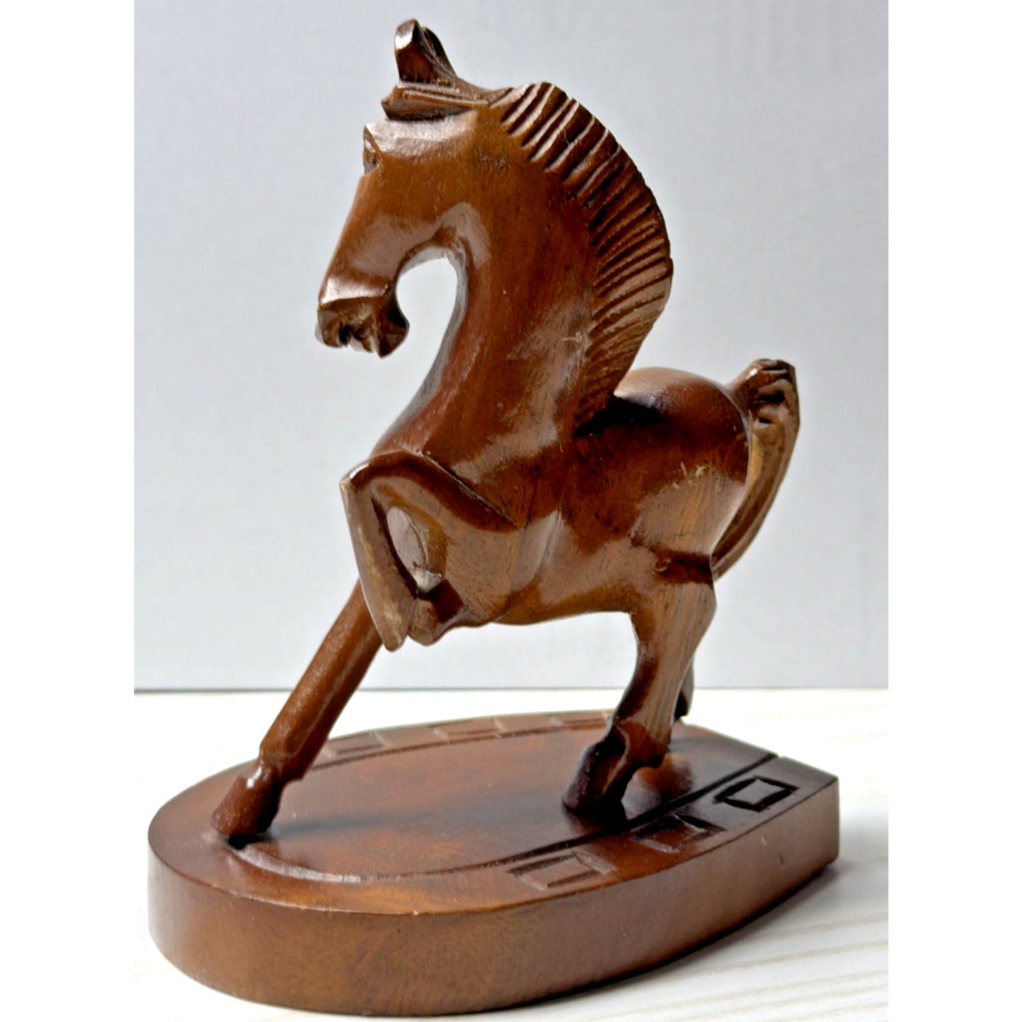 Vintage SC Vizcarra Wood Carving Horse Stallion Sculpture Horseshoe Paperweight