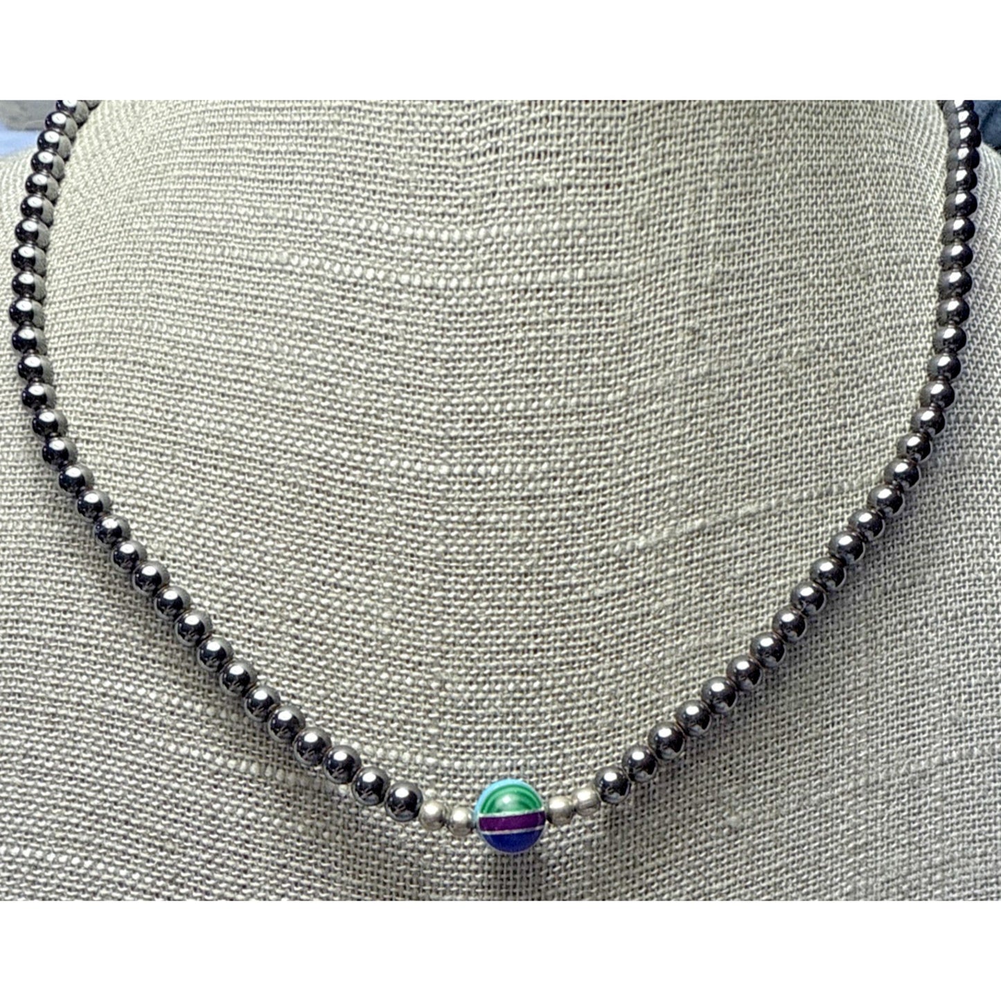 Navajo Pearl Hematite Sterling Silver Inlay Beaded Necklace