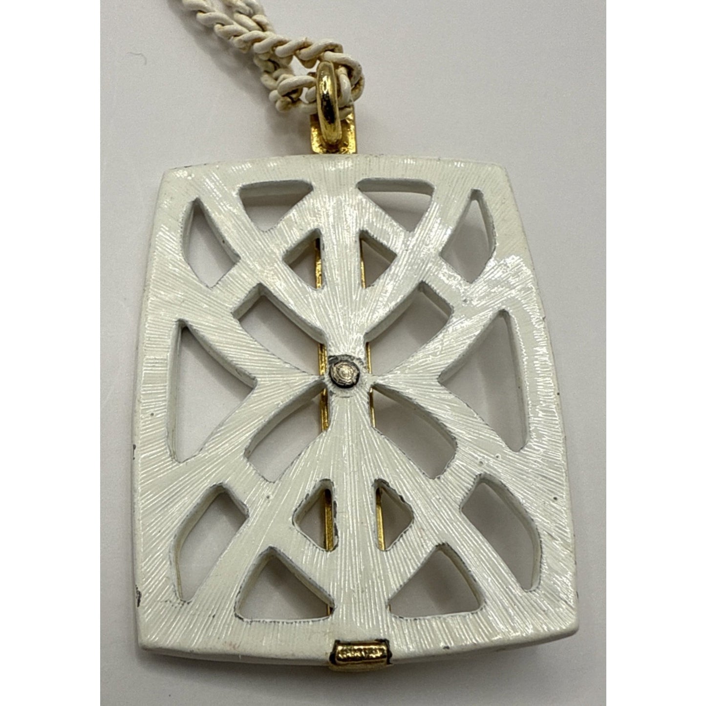 Vintage Crown Trifari Modernist White Enamel Necklace Pendant Gold Geometric