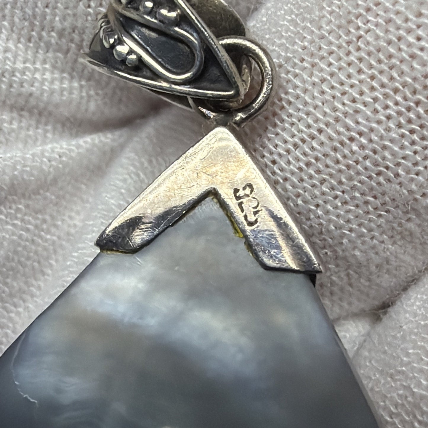 Sterling Silver Abalone MOP Teardrop Pendant Ornate Filigree Bali Style As Is