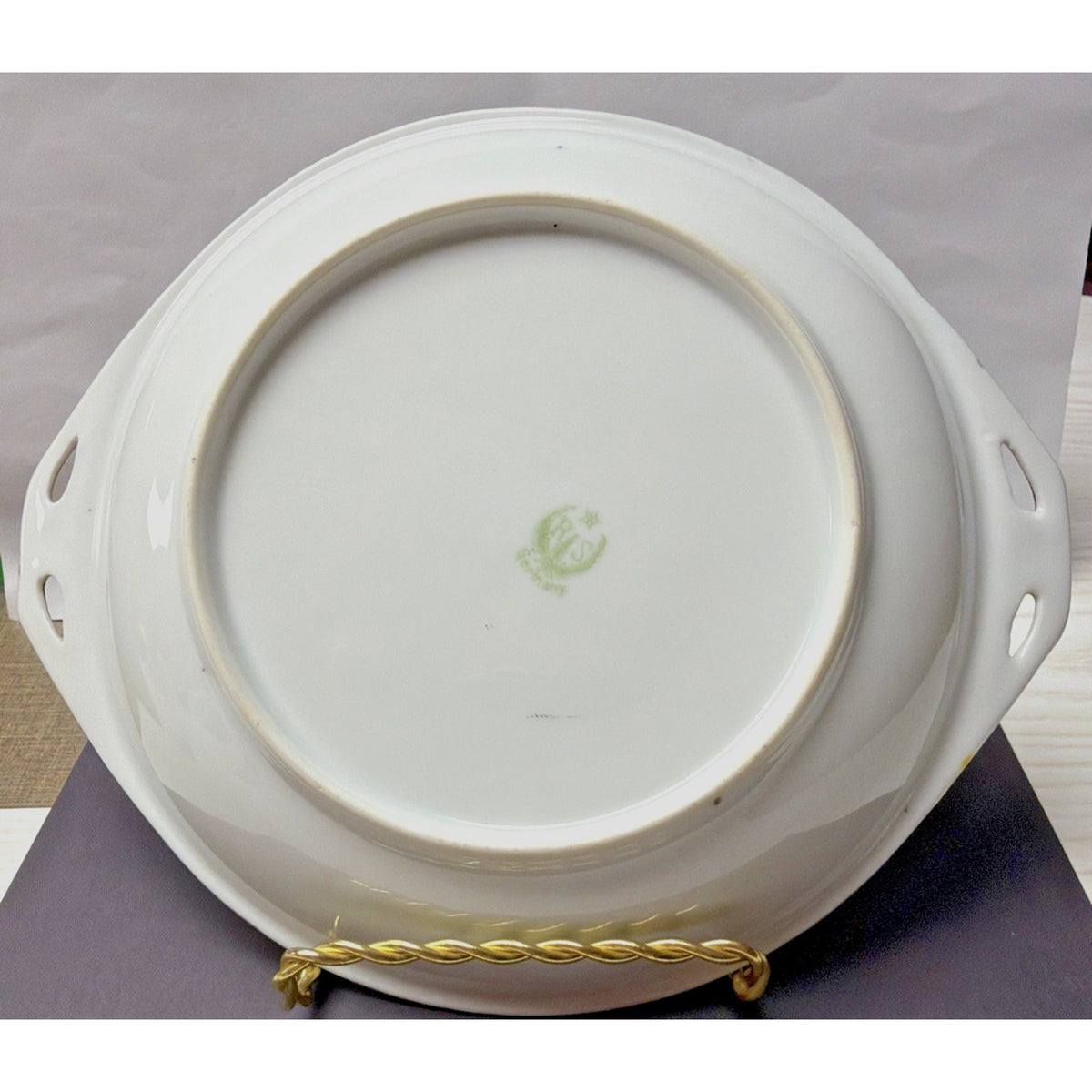 Antique RS Prussia Germany Hand Painted Rose Handle Bowl Platter Ornate Burgundy