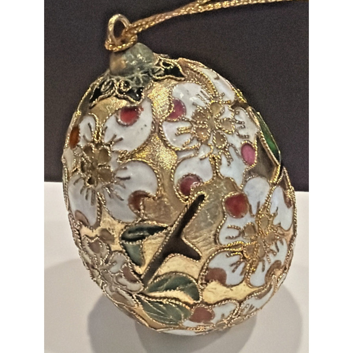 Vintage Enamel Cloisonné Egg Ornament Floral White Gold As Is