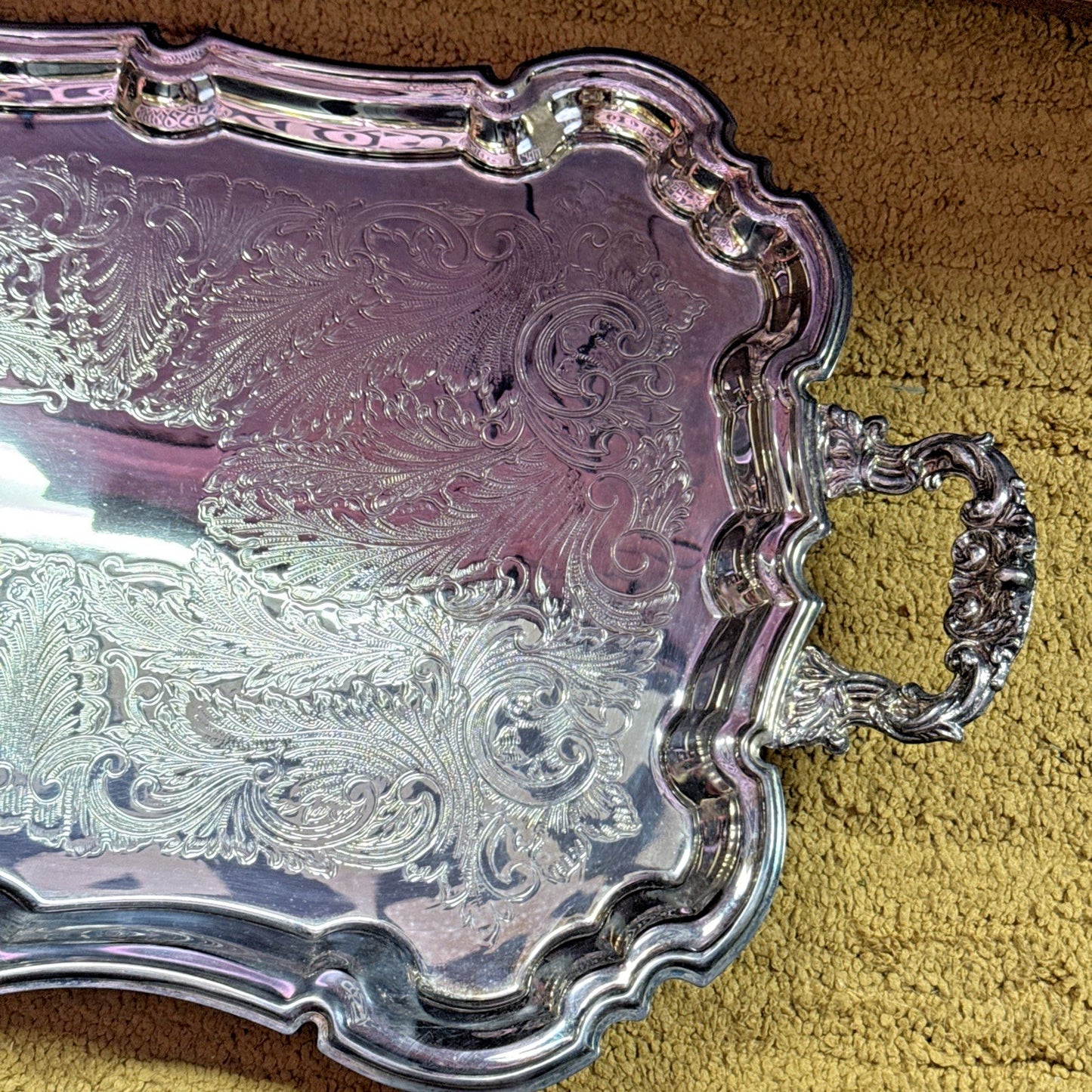 Vtg Silverplate Footed Serving Tray Butler Handles Ornate Engraved Rococo 23.5"