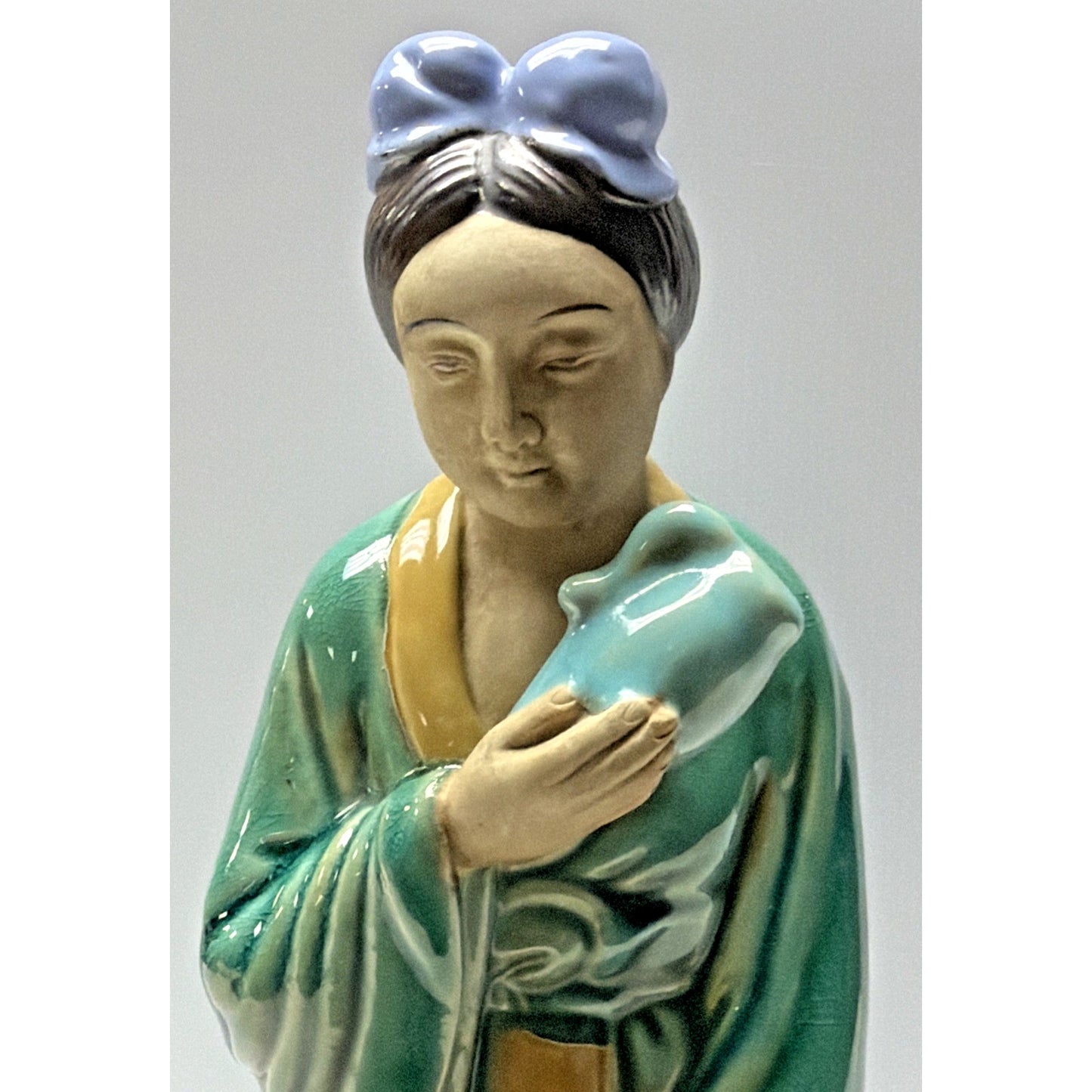 Shiwan Mudman Pottery Chinese Celadon Glazed Woman Sculpture Pitcher Bow