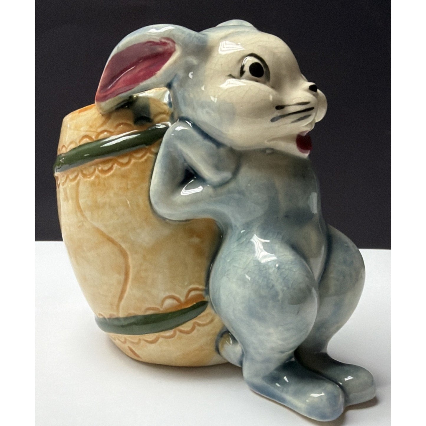 Vintage MK Japan Anthropomorphic Bunny Rabbit Ceramic Barrel Egg Vase Easter