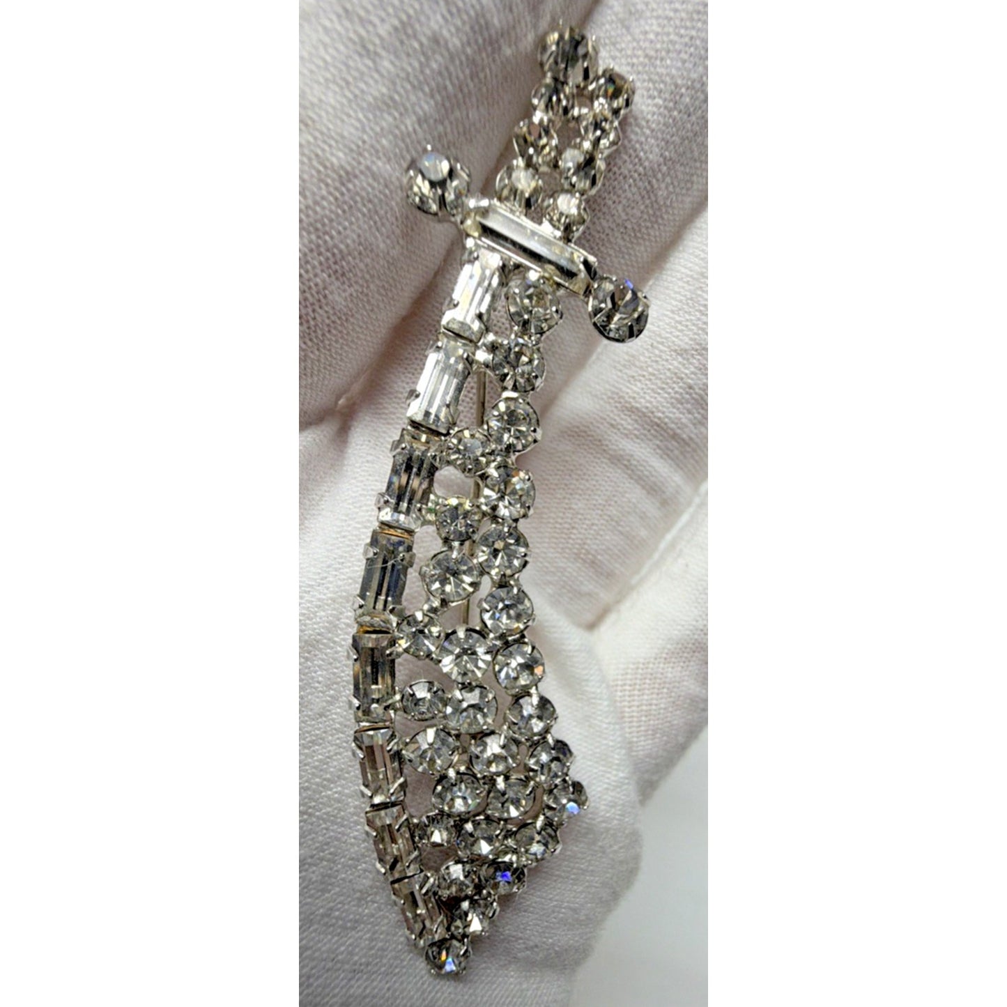 Vintage Sword Pin Brooch Dagger Crystal Rhinestones Baguette Silver