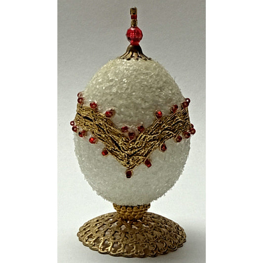 Vintage Hand Decorated Egg Ornament Ribbon Base Sugar Bead Red Lined Gold Opens