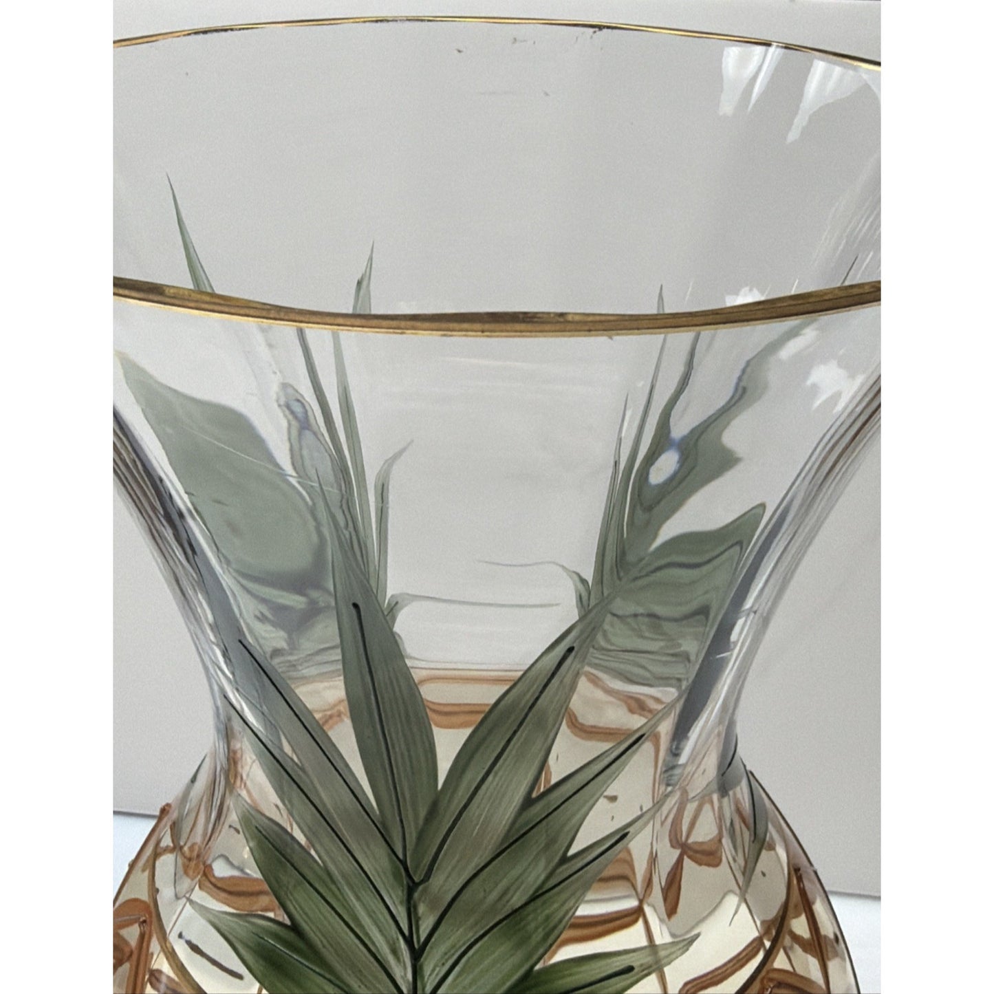 Romanian Crystal Pineapple Vase Gold Trim Green Palm Large Orange Crystal Clear