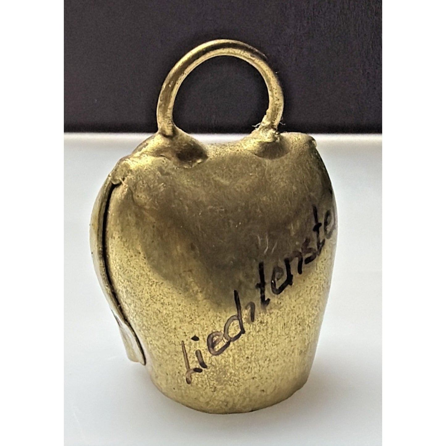 Vtg Gold Metal Brass Cow Bell Hand Painted Flower Floral Signed Liechtenstein