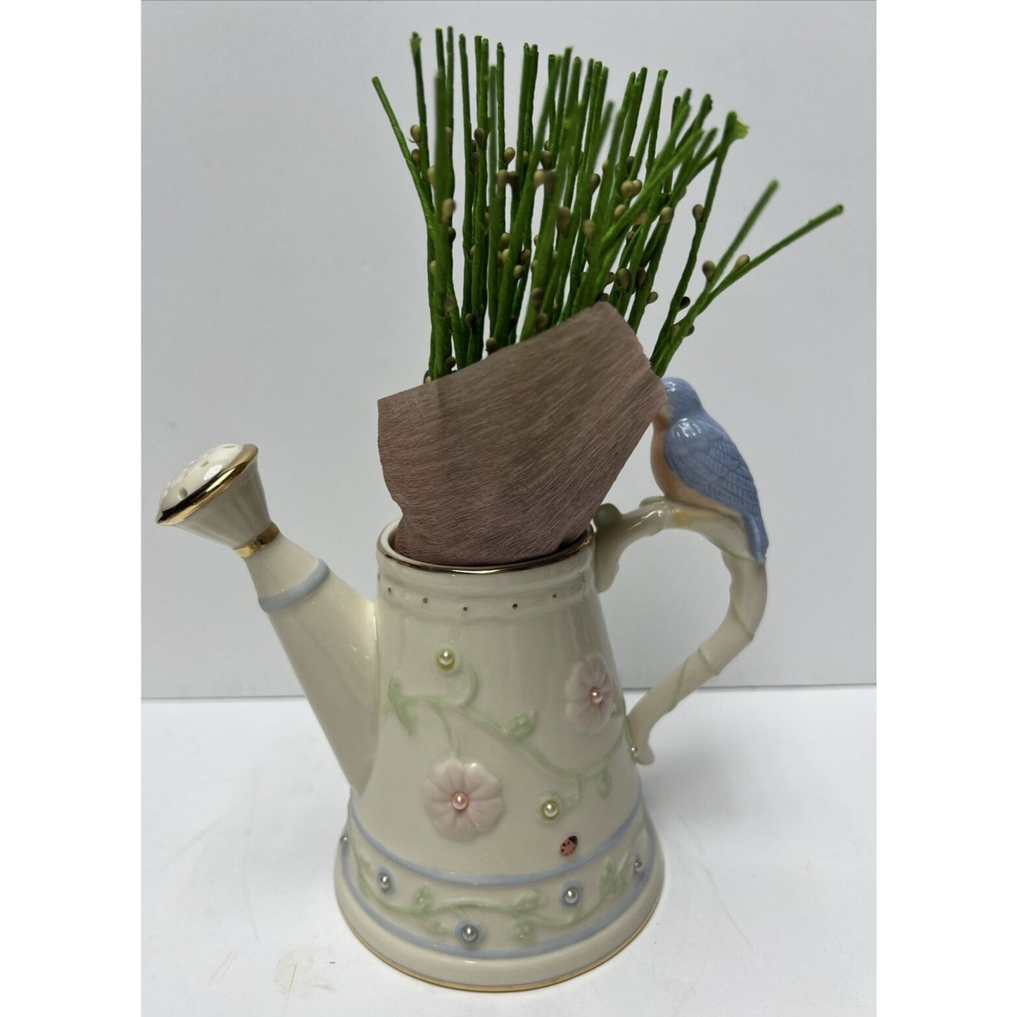 Vintage Lenox Petal And Pearls Bluebird Bud Vase Watering Can Box