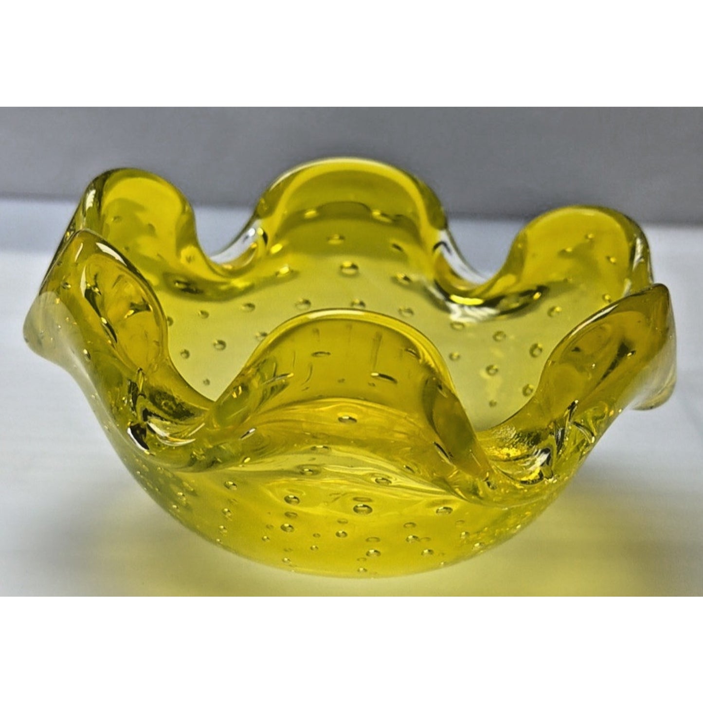 Vtg Kreiss Art Glass Bullicante Canary Yellow Controlled Bubbles Bowl Ashtray