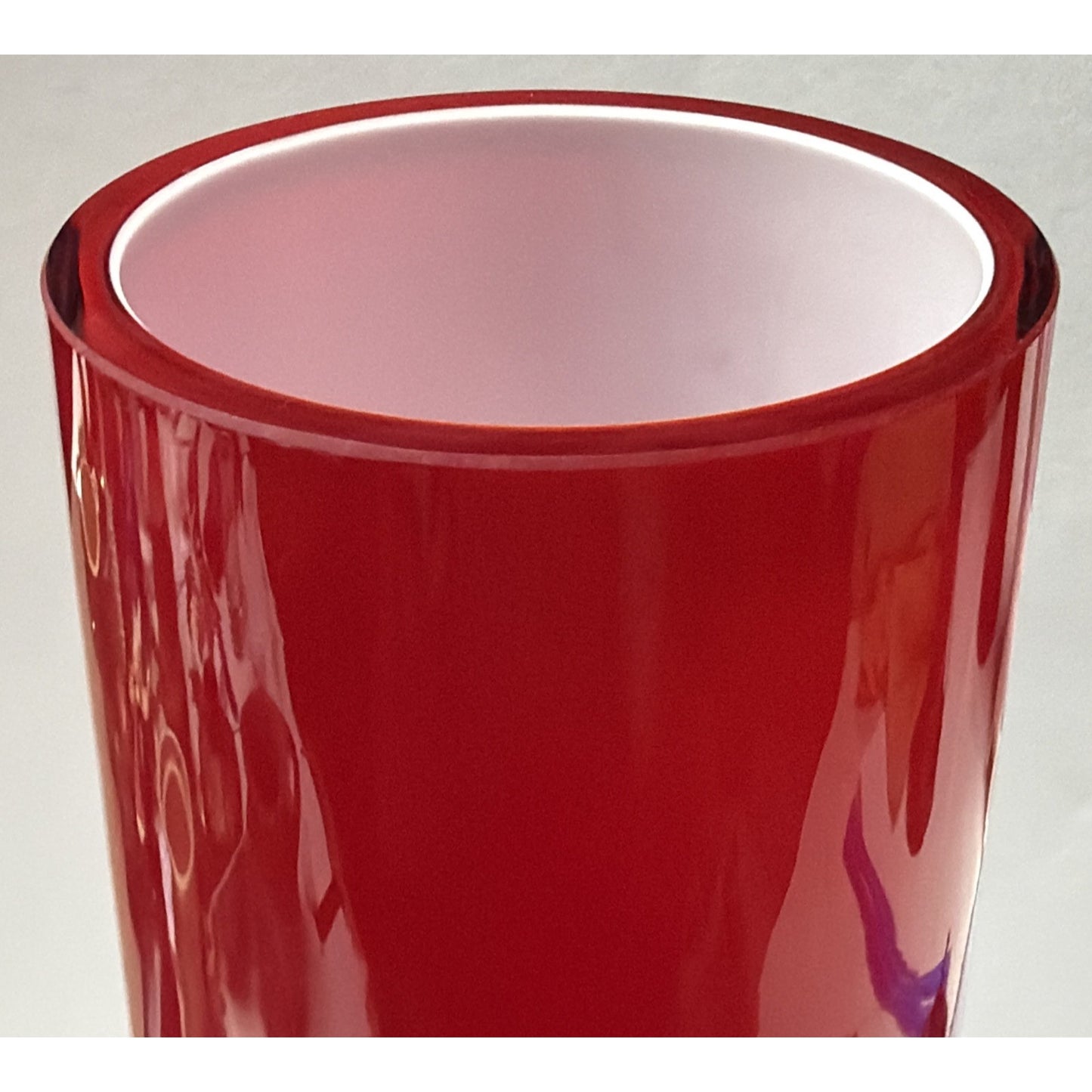 MCM Red Cased White Cylinder Vase Abstract Black Threaded Strapping Large