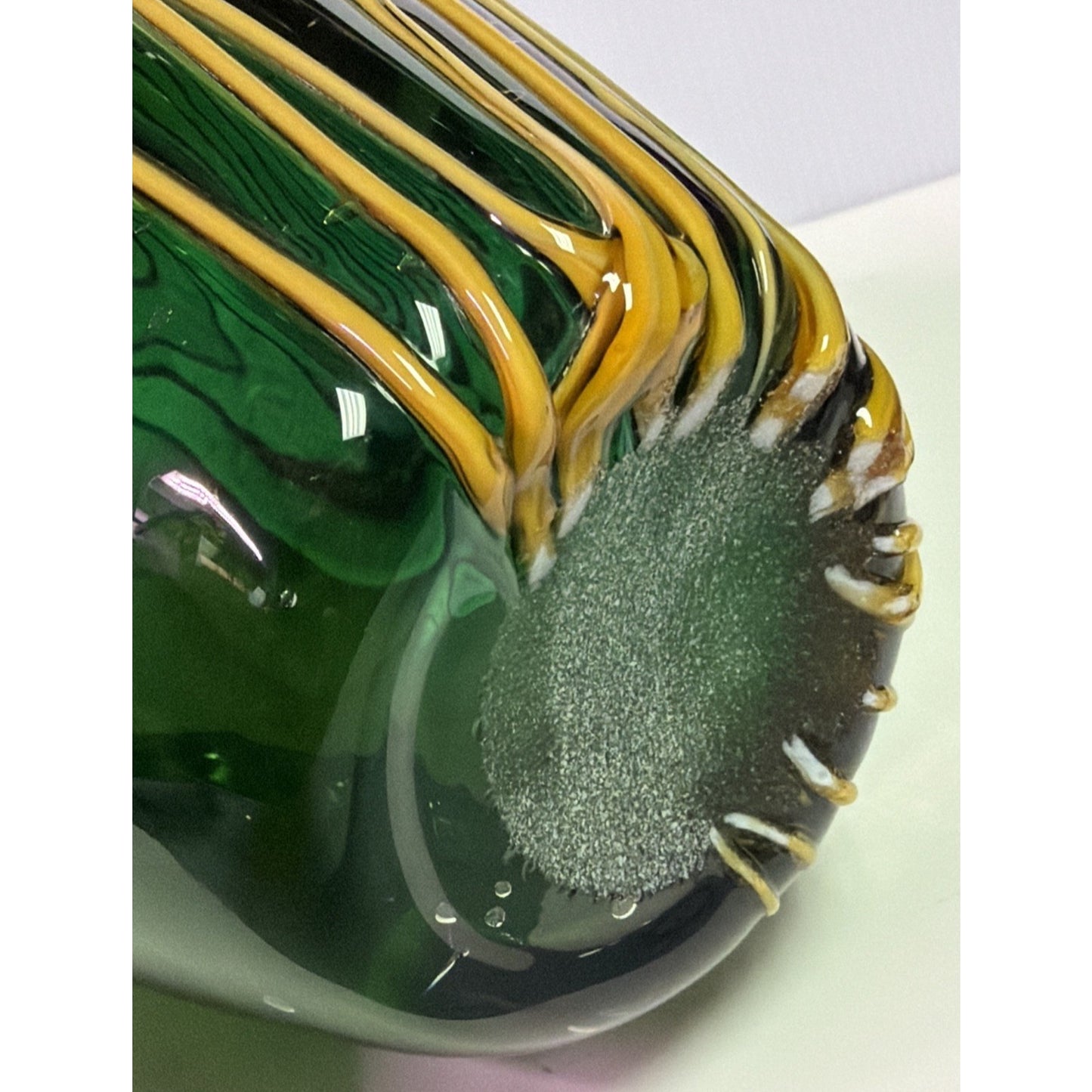 Vtg Art Glass Bubble Vase Teal Green Ombre Yellow Threaded Living Color Collect