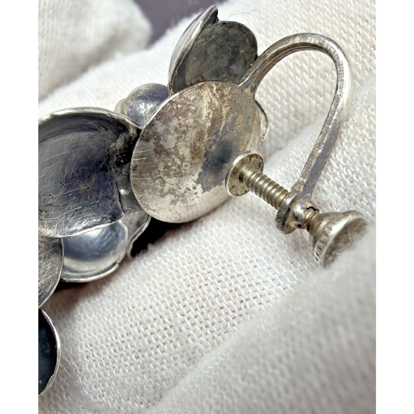 Vintage Sterling Silver Detailed Rose Rosette Flower Screw Back Earrings