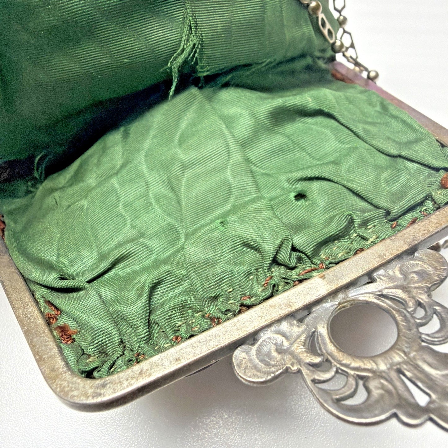 Antique Crochet Brown Green Micro Bead Purse Ornate Metal Frame Kiss Lock Strap