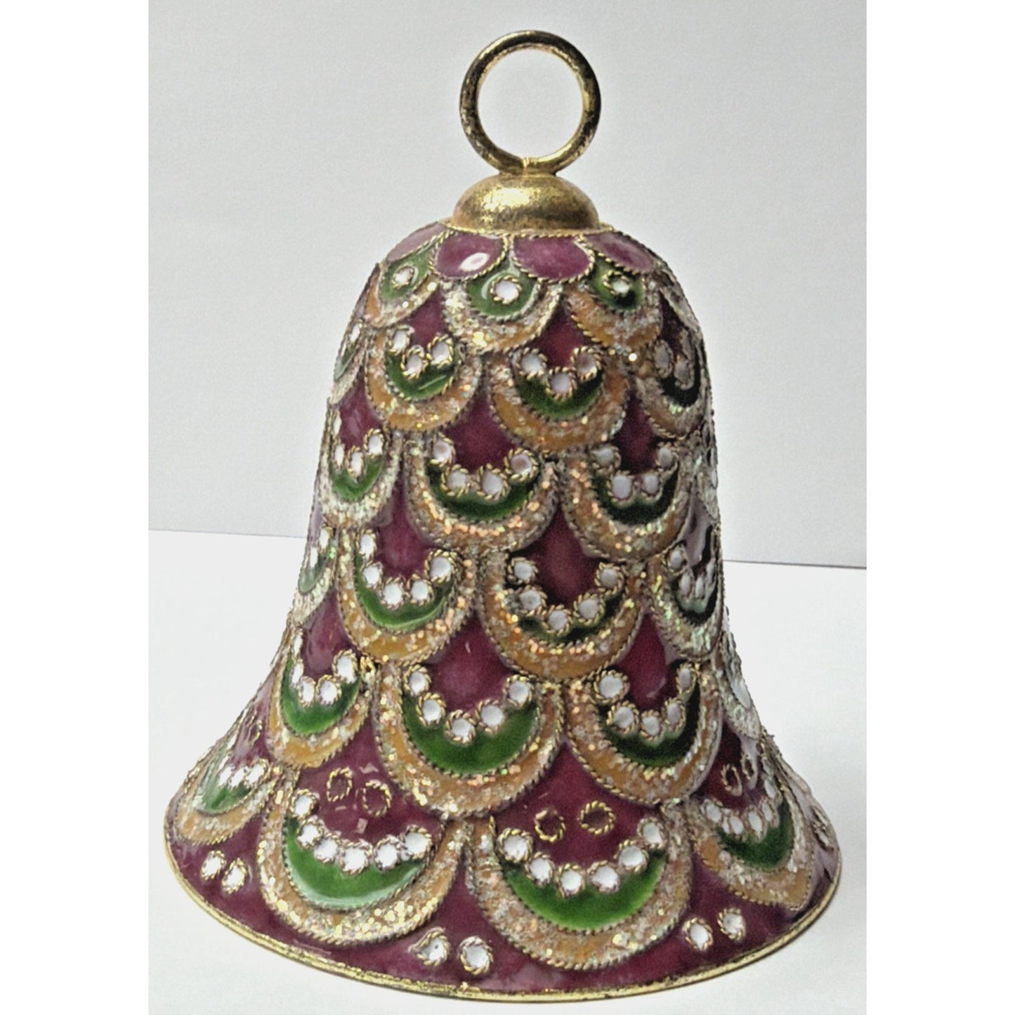 Vtg Enamel Cloisonné Bell Ornament Purple Green Gold Scallop Tree Feather As Is